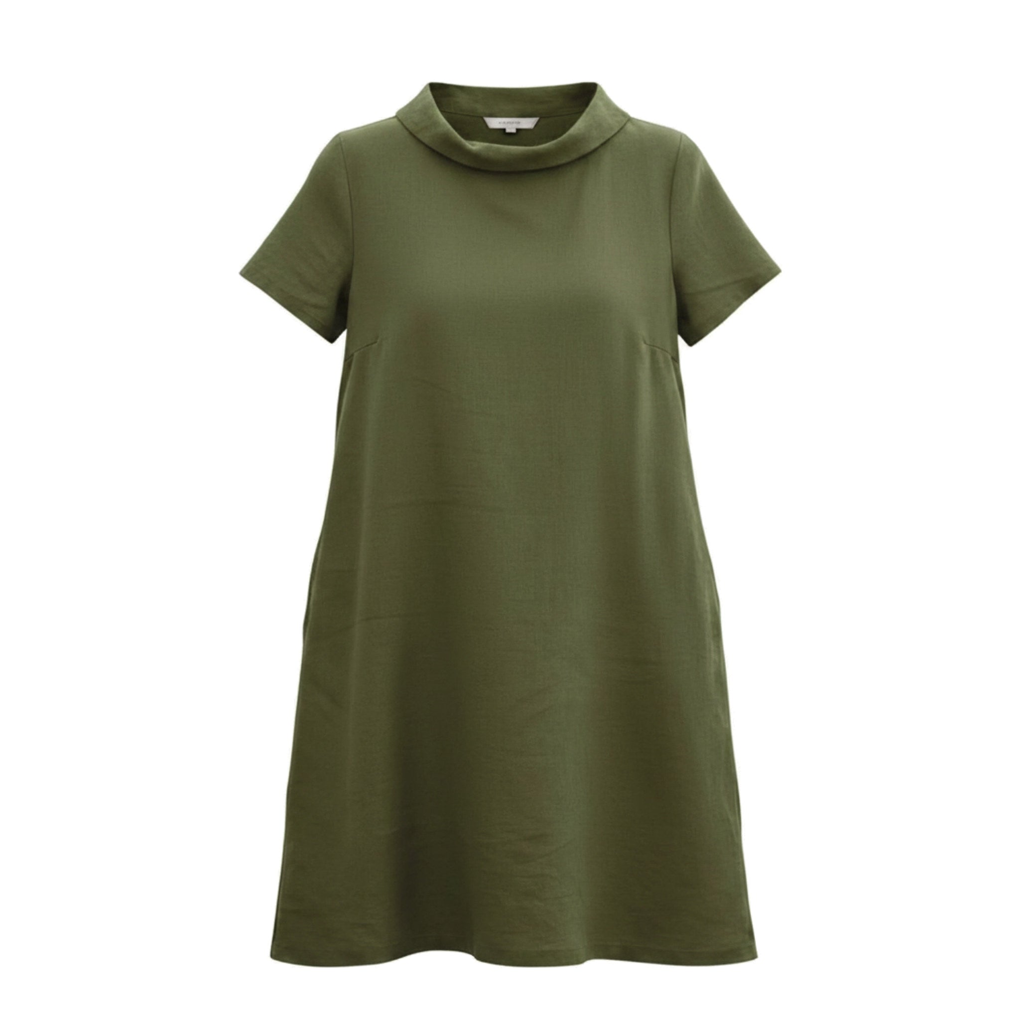 An olive green short-sleeve dress with a wide collar and bow detail on the back.