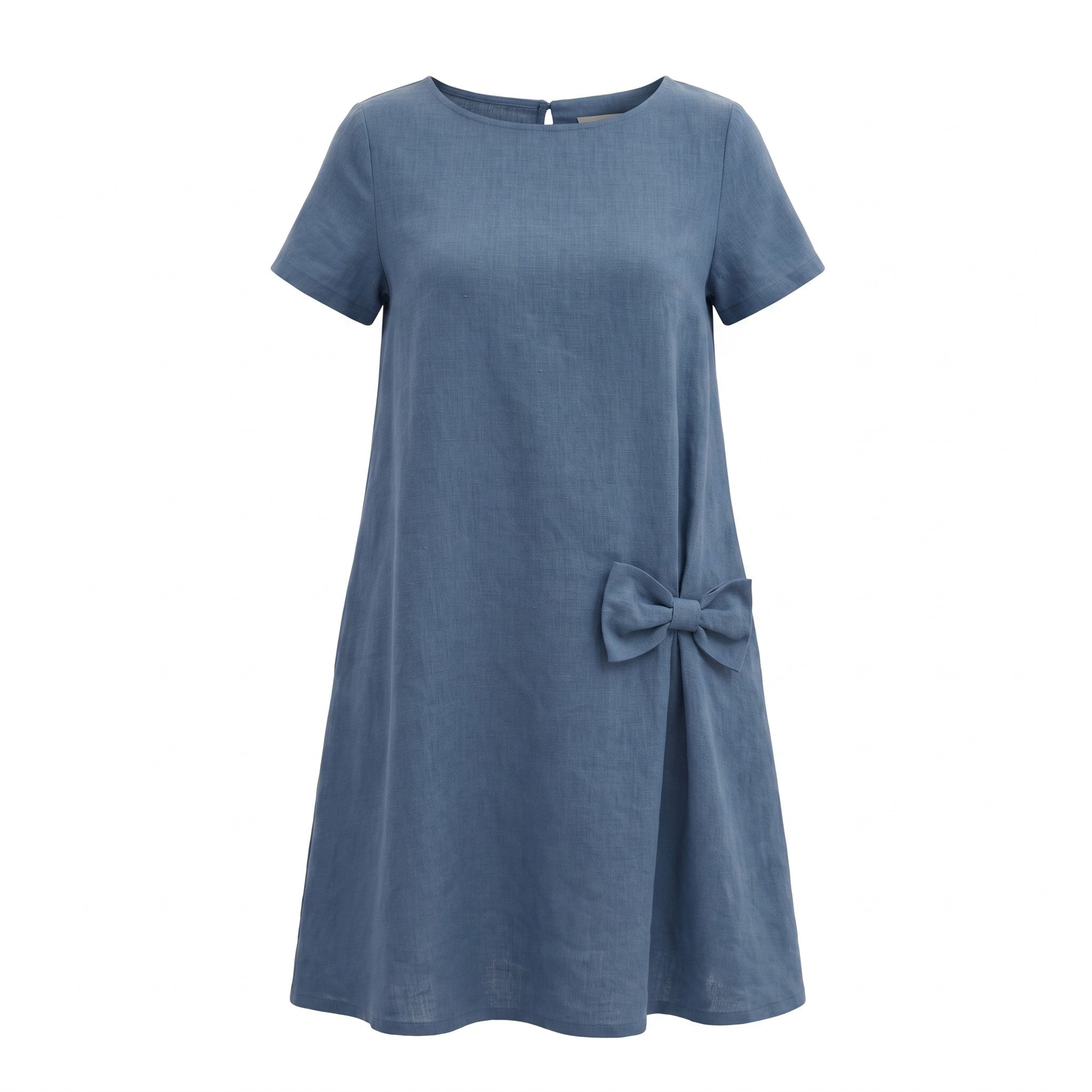 A short-sleeve blue linen dress with a round neckline and a decorative bow detail on the side, displayed against a solid white background.