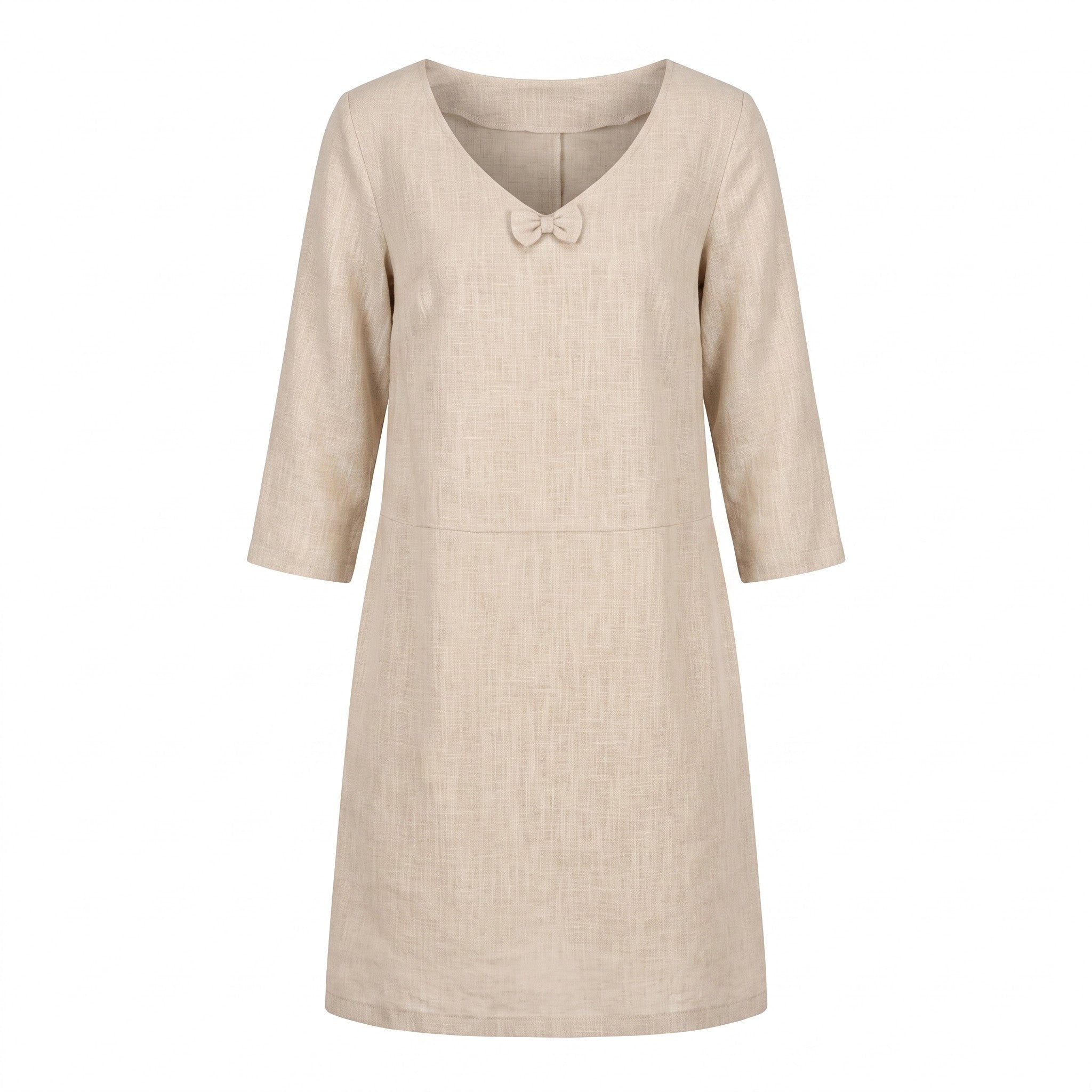 A light beige linen dress with three-quarter sleeves and a small decorative bow at the neckline, shown against a plain white background.