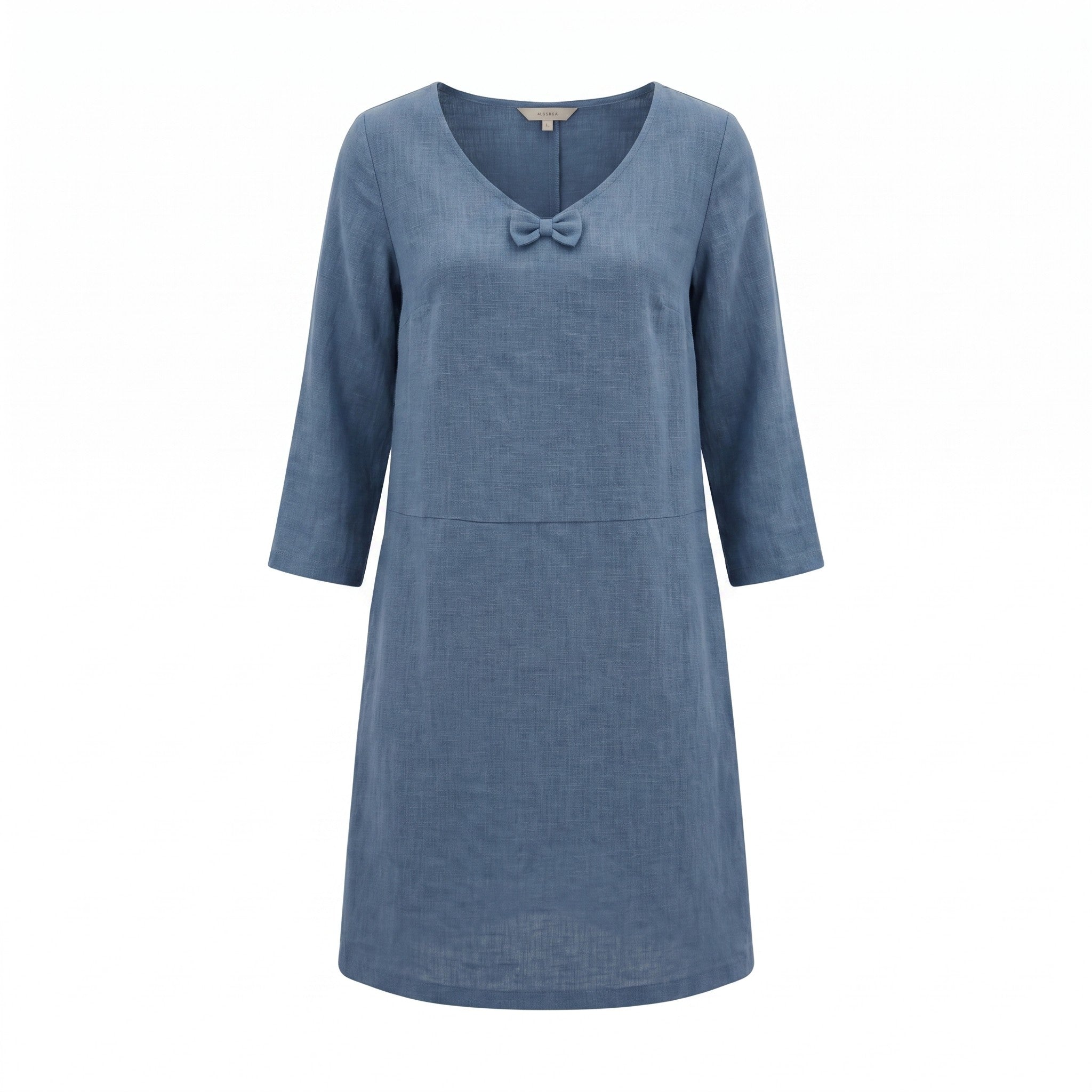 A dusty blue linen dress with three-quarter sleeves and a matching fabric bow detail at the scoop neck, shown against a plain white background.