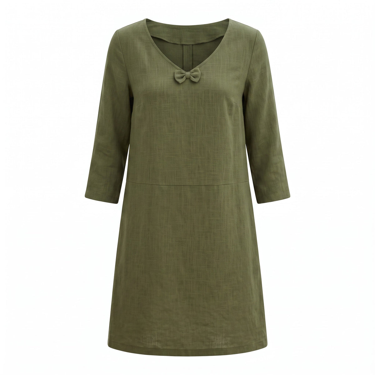 An olive green linen dress with three-quarter sleeves, a split neckline, and a small decorative bow at the center, shown against a plain white background.