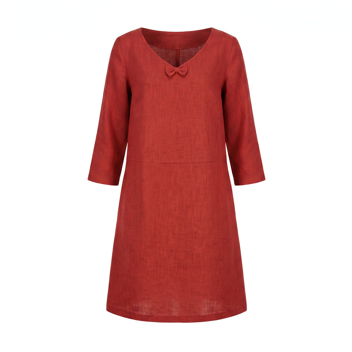 A rust-red linen dress with three-quarter sleeves and a small bow detail at the neckline, shown against a plain white background.