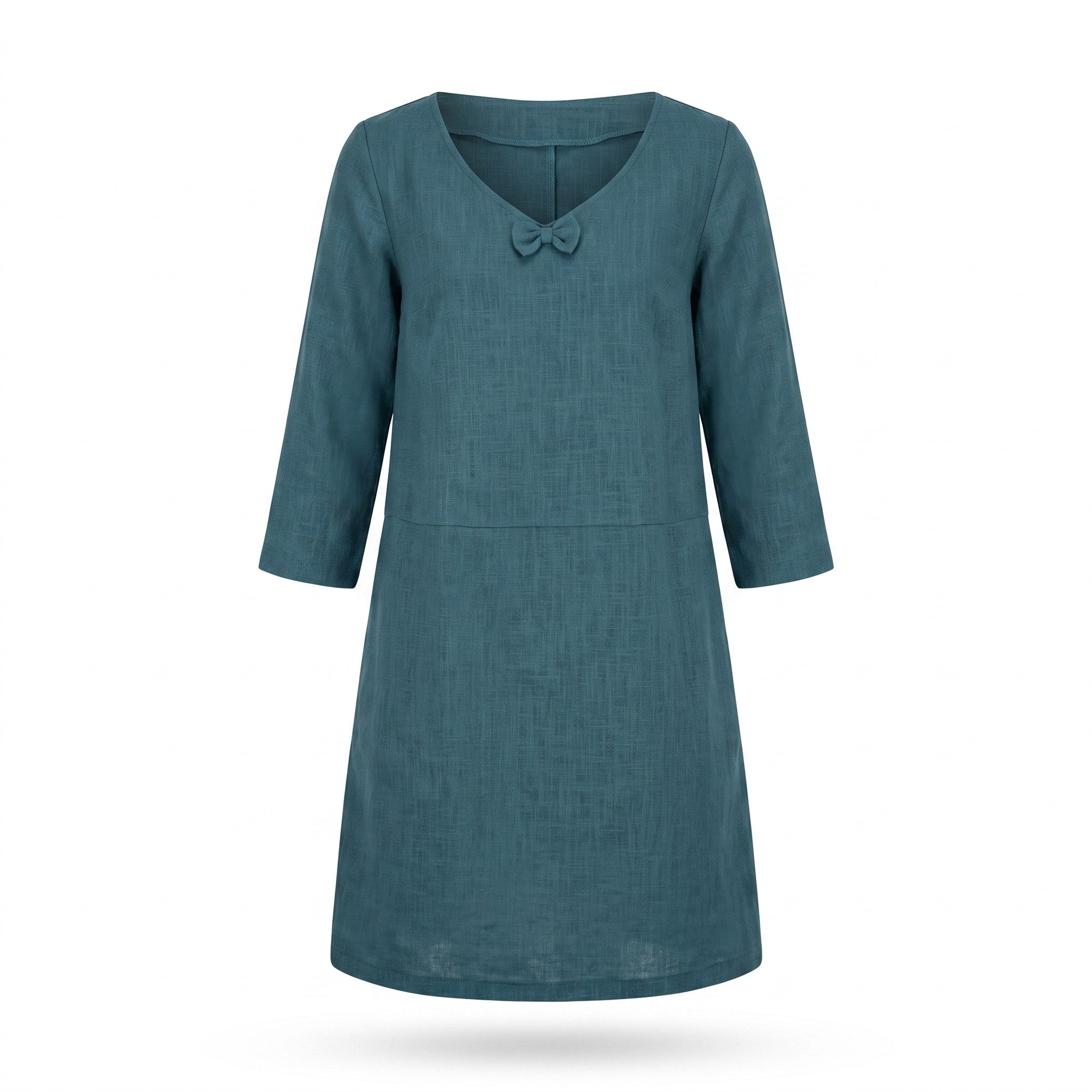 A teal blue linen dress with three-quarter sleeves and a small bow detail at the neckline, shown on a plain white background.