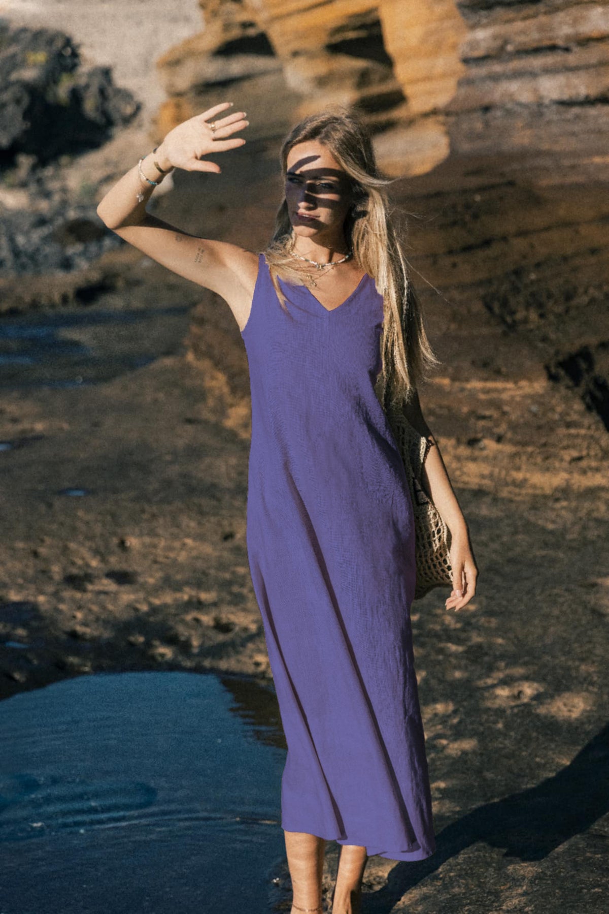 LeMuse SUNSET linen dress in purple – model front full length by the cliffs #Color_Purple
