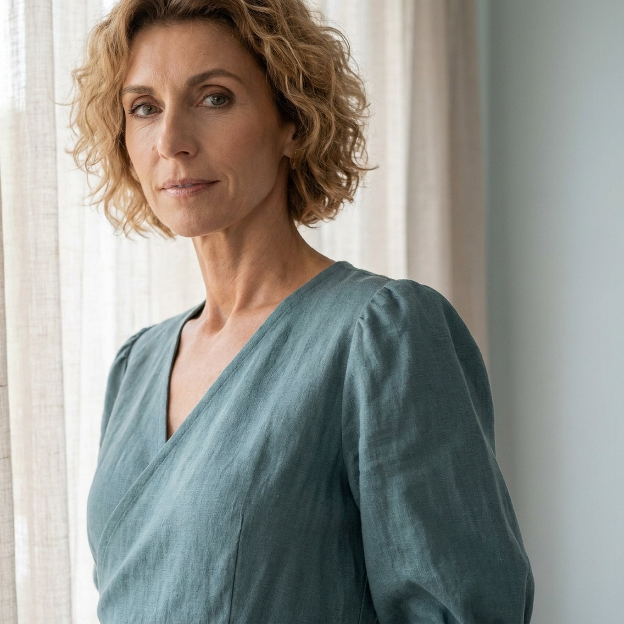 A woman wearing a teal wrap midi dress with puff sleeves stand near window.