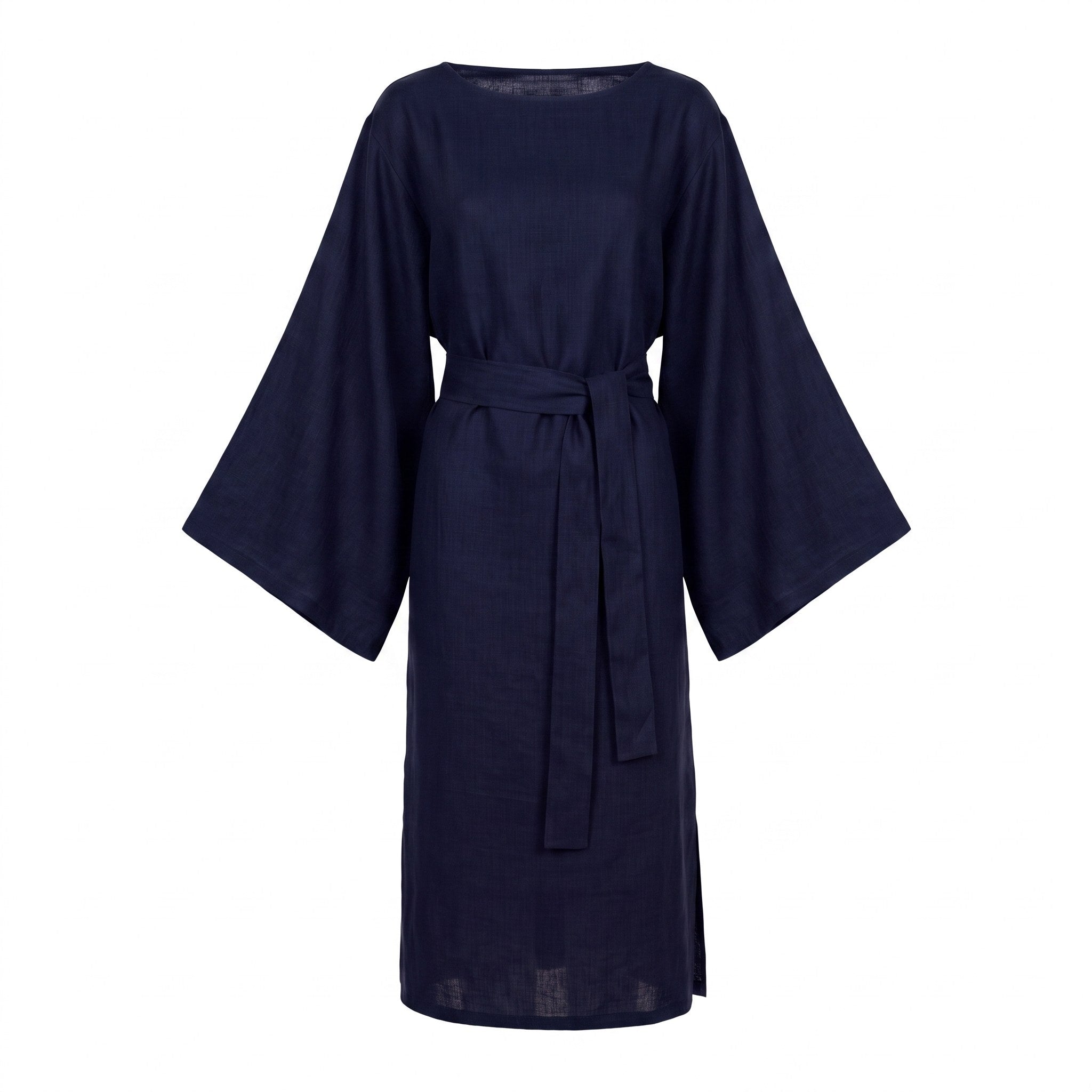 A dark navy blue kimono-style dress with wide, flowing sleeves and a matching waist tie belt, shown against a plain white background.