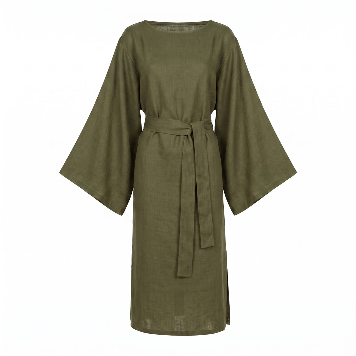 An olive green linen dress with wide, flowing sleeves and a matching waist tie belt, shown against a plain white background.