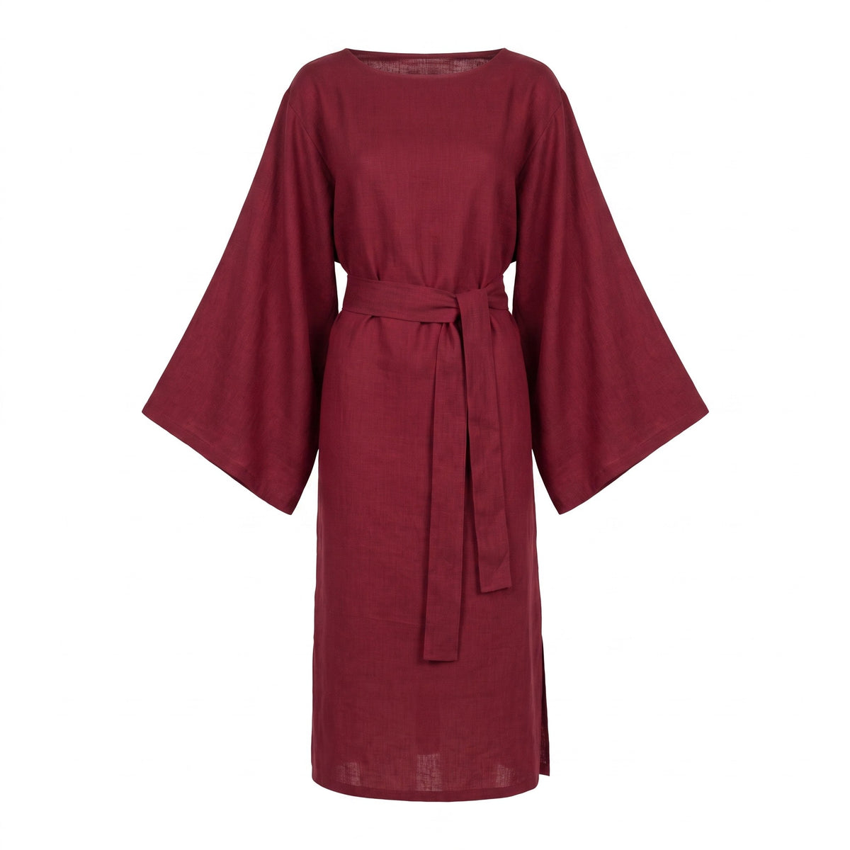 A long-sleeved, knee-length dress in a deep burgundy red, featuring wide bell sleeves and a matching fabric tie belt at the waist, shown against a plain white background.