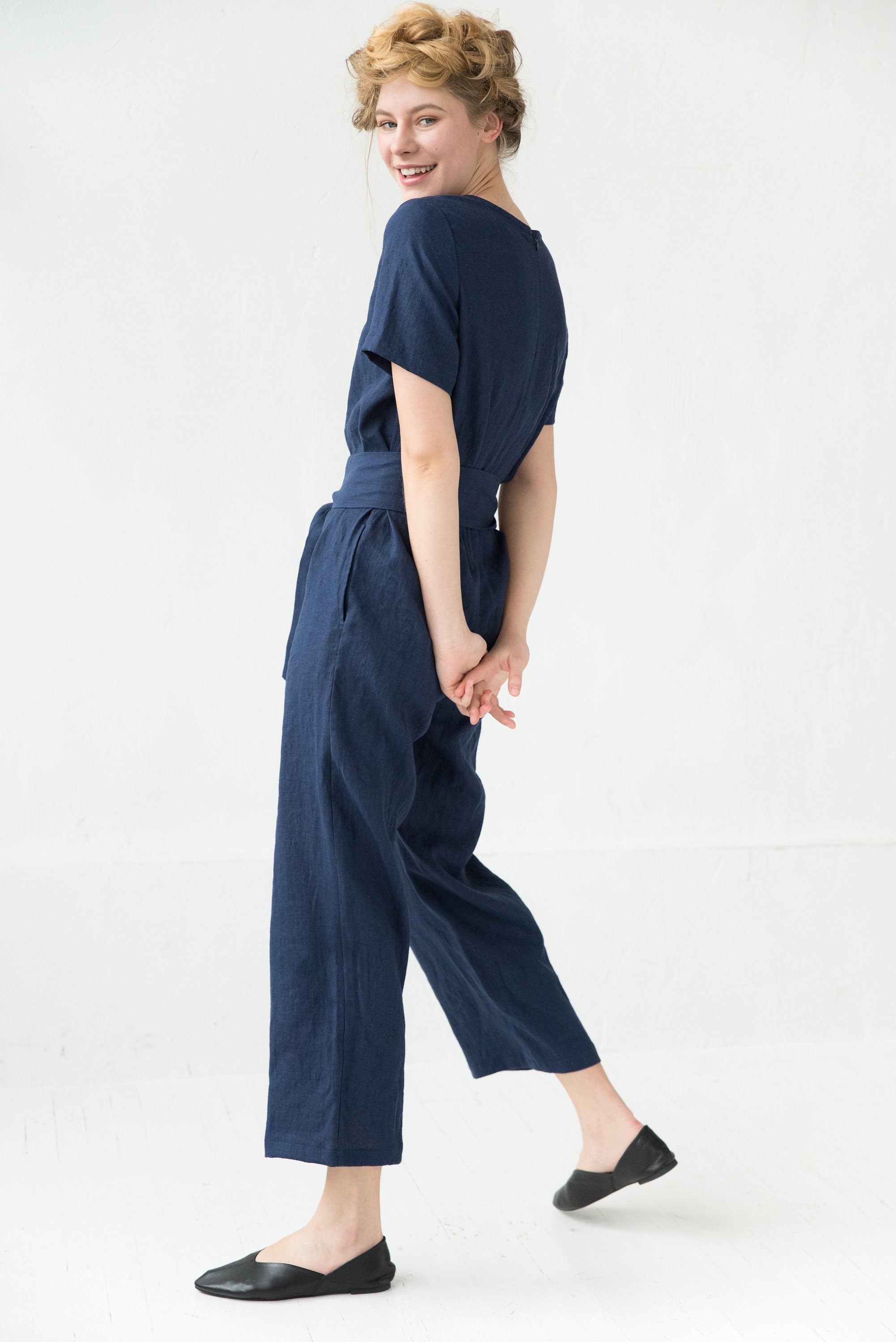 AMSTERDAM — Short-Sleeve Linen Jumpsuit, Deep Blue