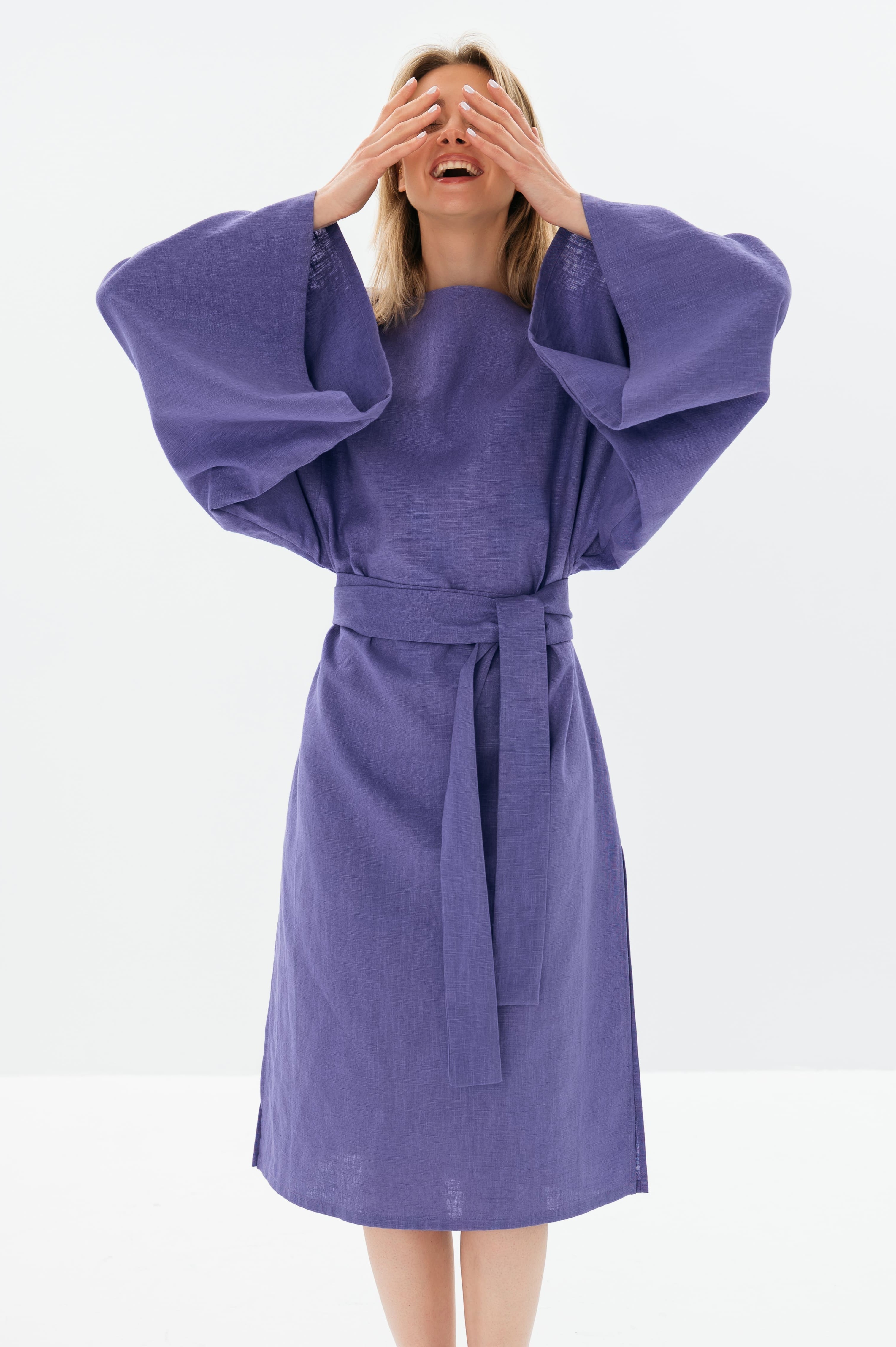 WHISPER — Stonewashed Linen Kimono-Sleeve Midi Dress