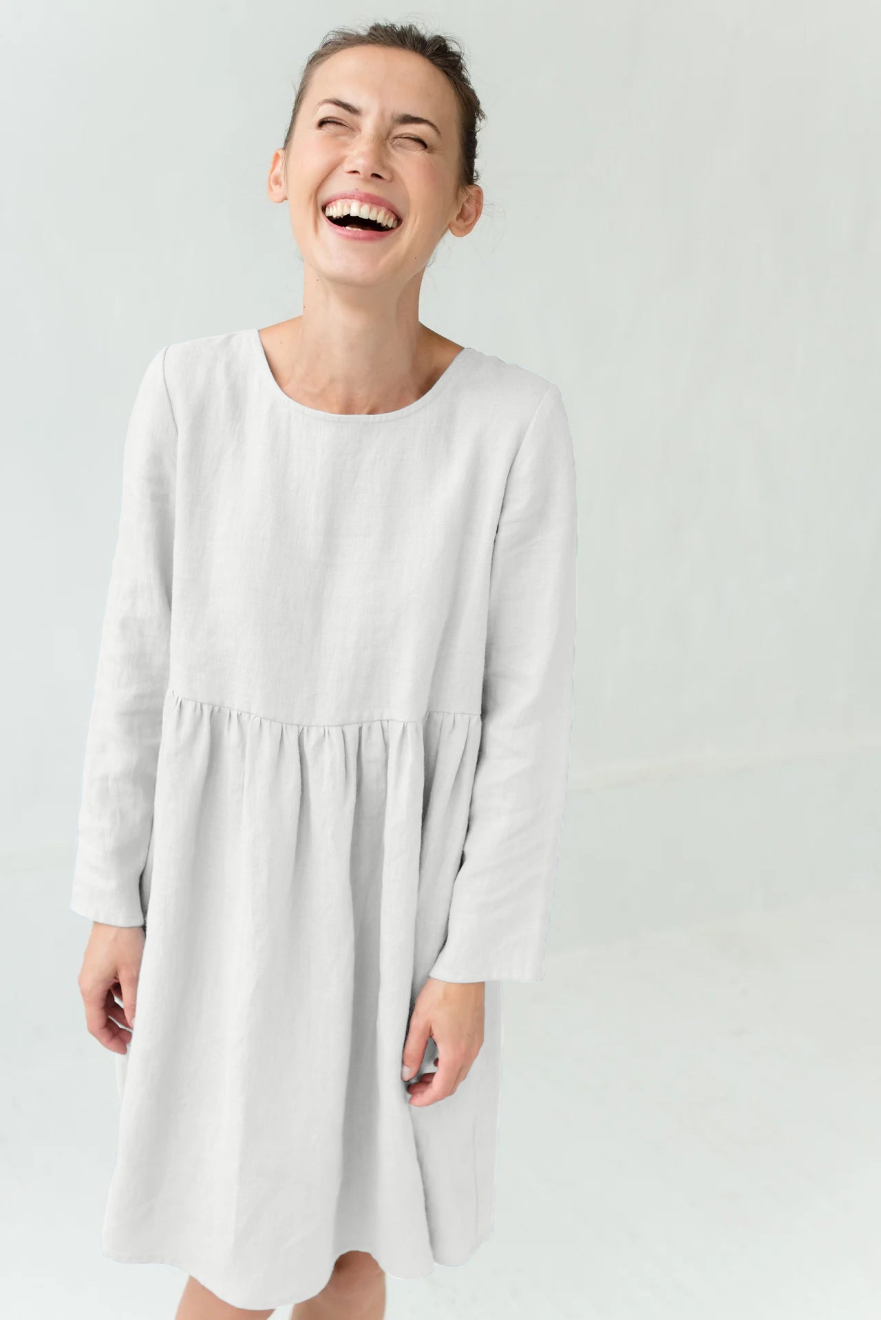 CANDY — Long-Sleeve Stonewashed Linen Dress — White#Color_White