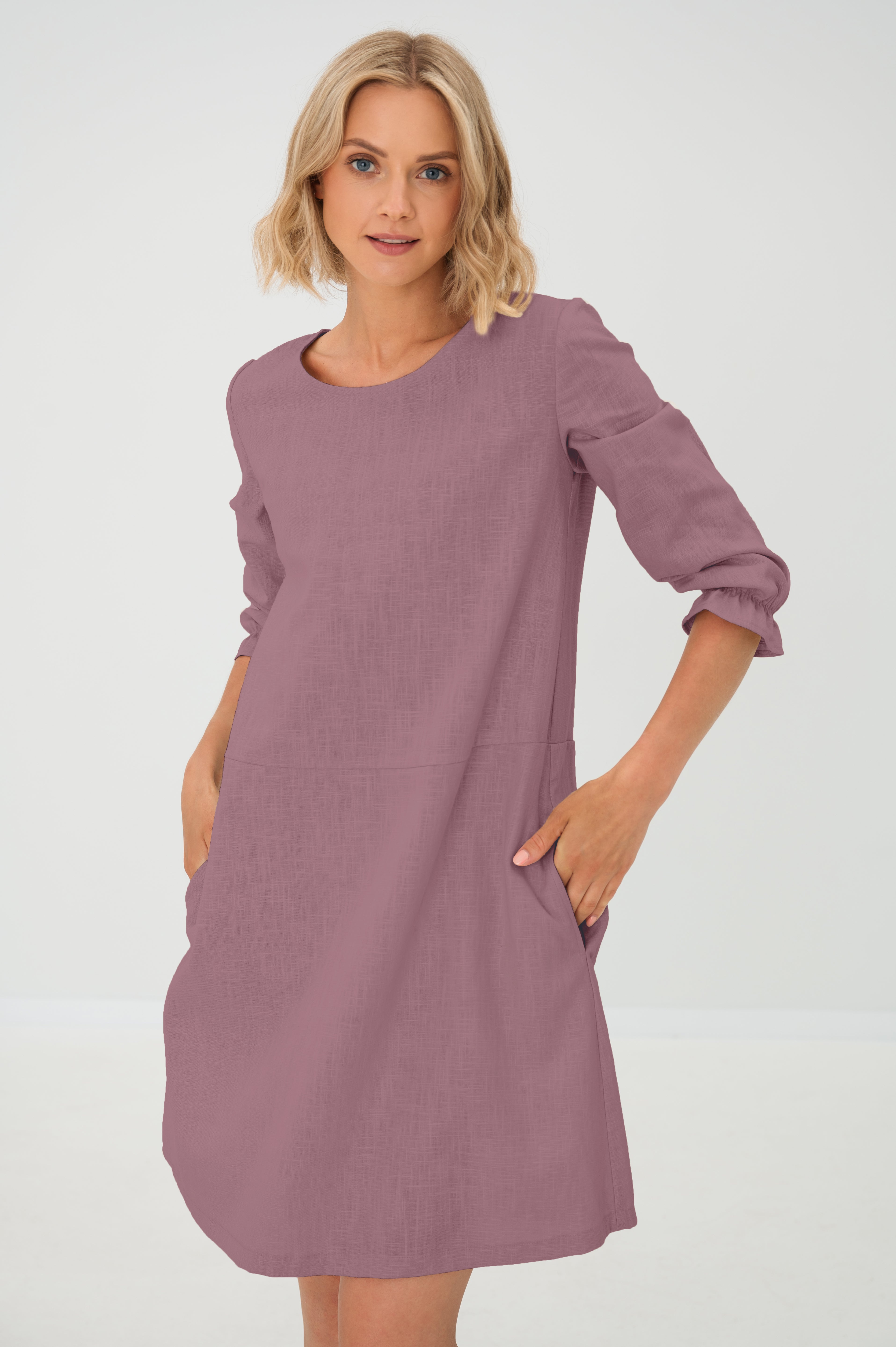 EMMA — Stonewashed Linen Dress With Pockets and Tie Belt — Dusty rose#Color_Dusty rose