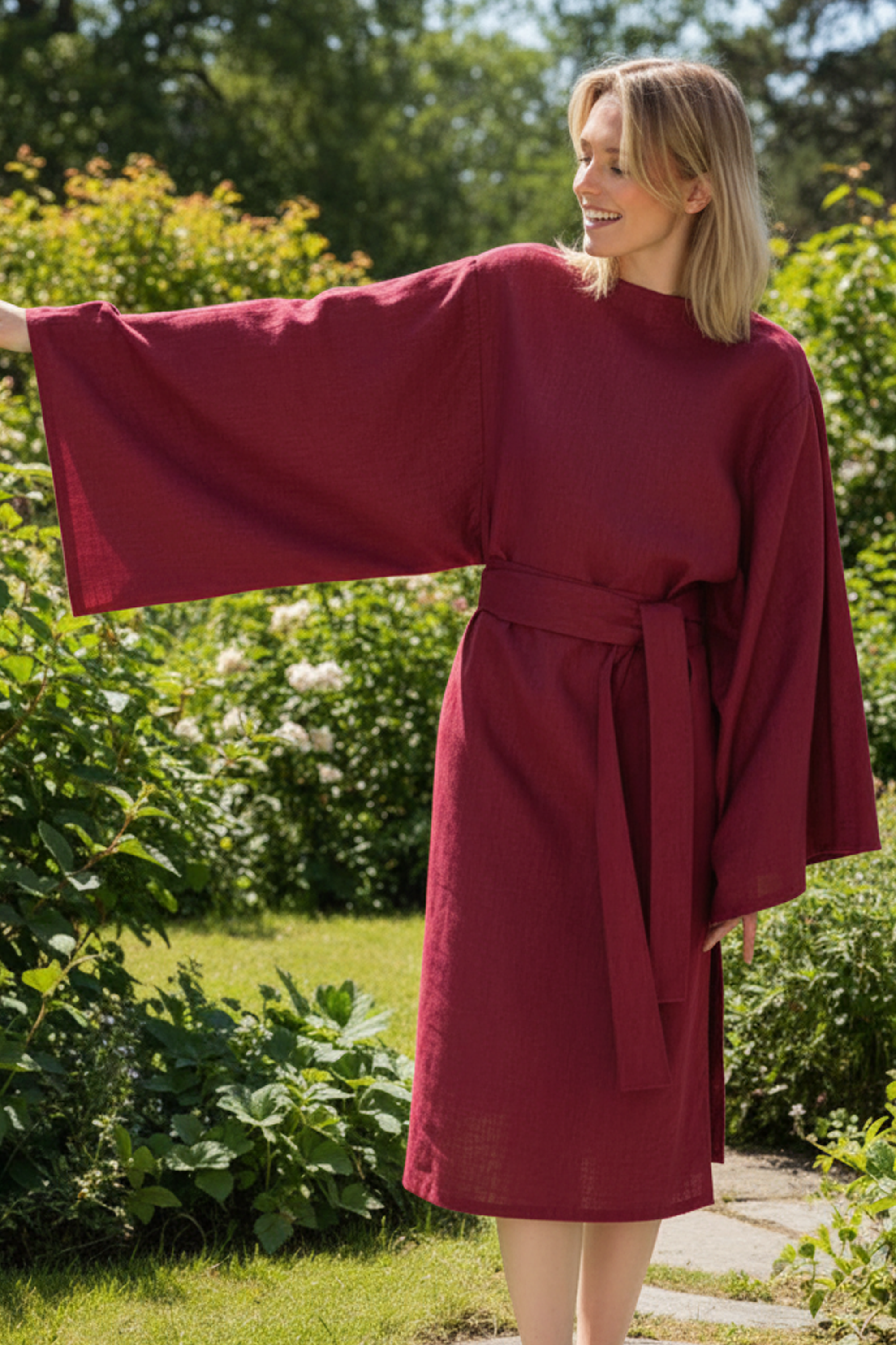 WHISPER — Stonewashed-Leinen-Midikleid mit Kimonoärmeln