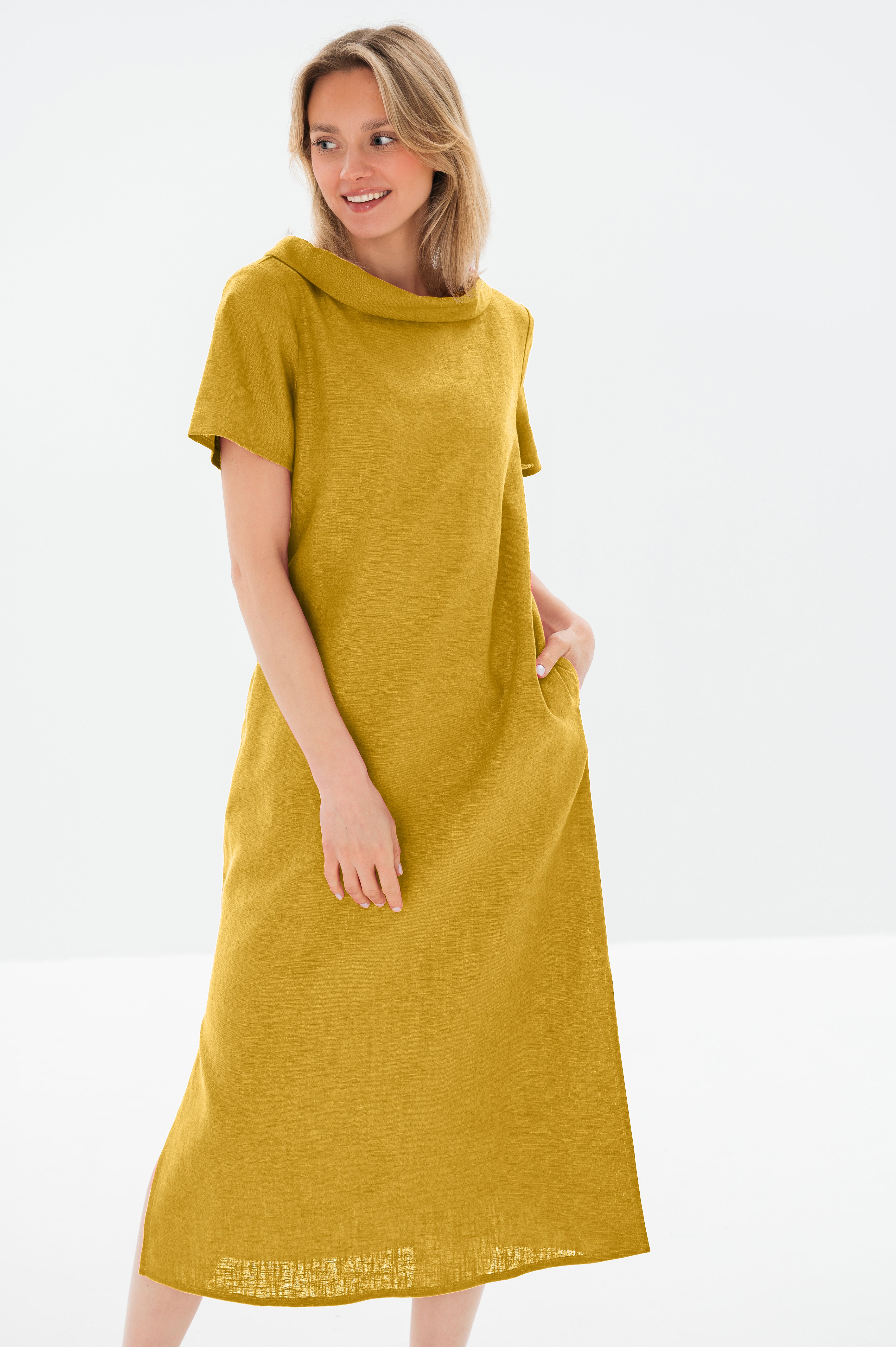 LONG STORY — Robe mi-longue en lin à manches courtes et ceinture