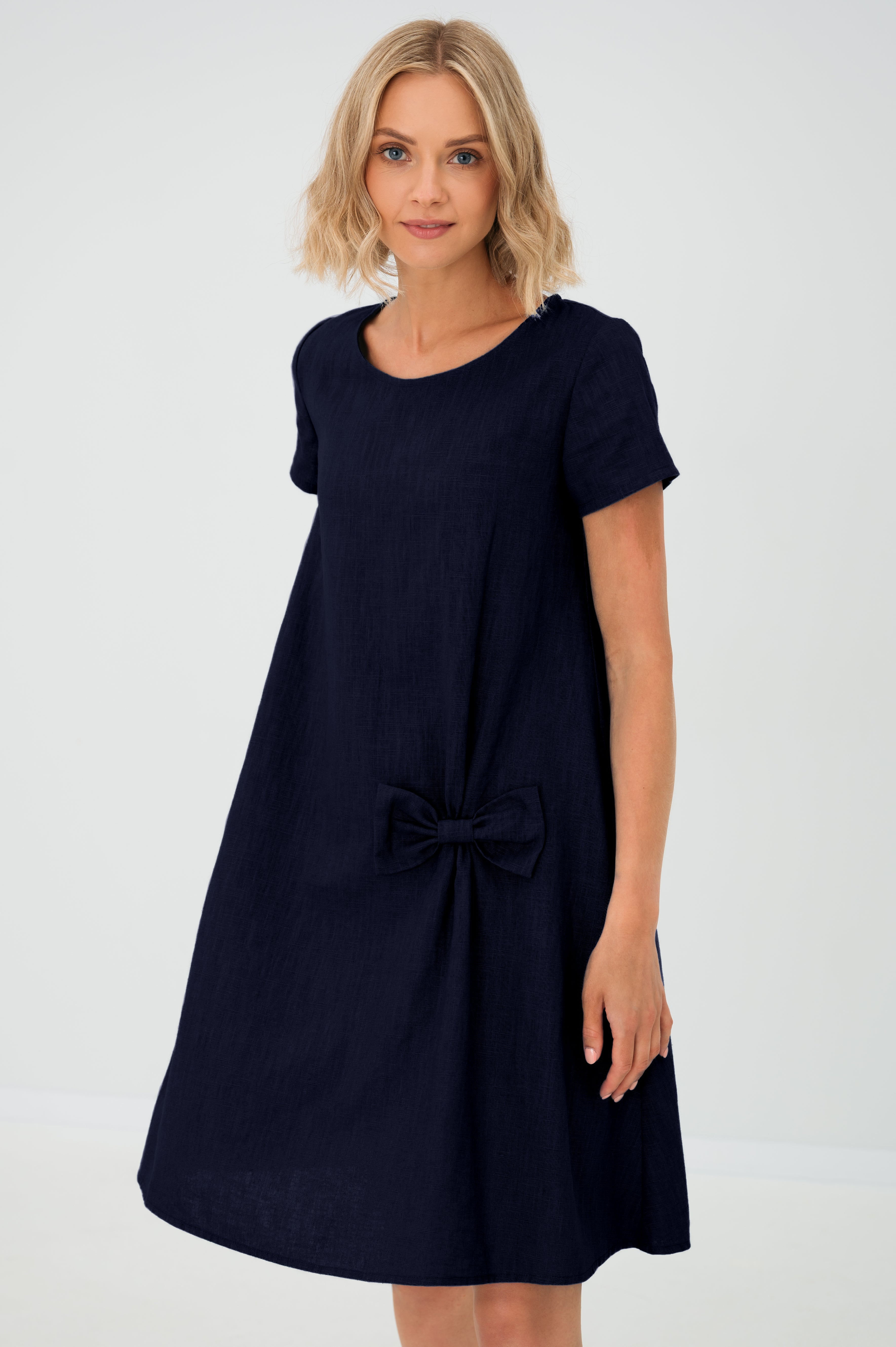 Linen dress SUMMER KISS — Stonewashed Linen with a Bow Deep blue#Color_Deep blue