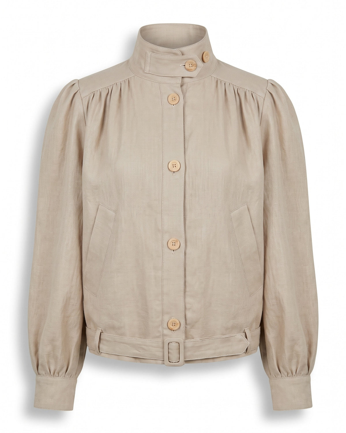 A beige long-sleeve jacket with a high mock neck, gathered shoulders, and decorative wooden buttons, shown against a plain white background. #Color_Beige