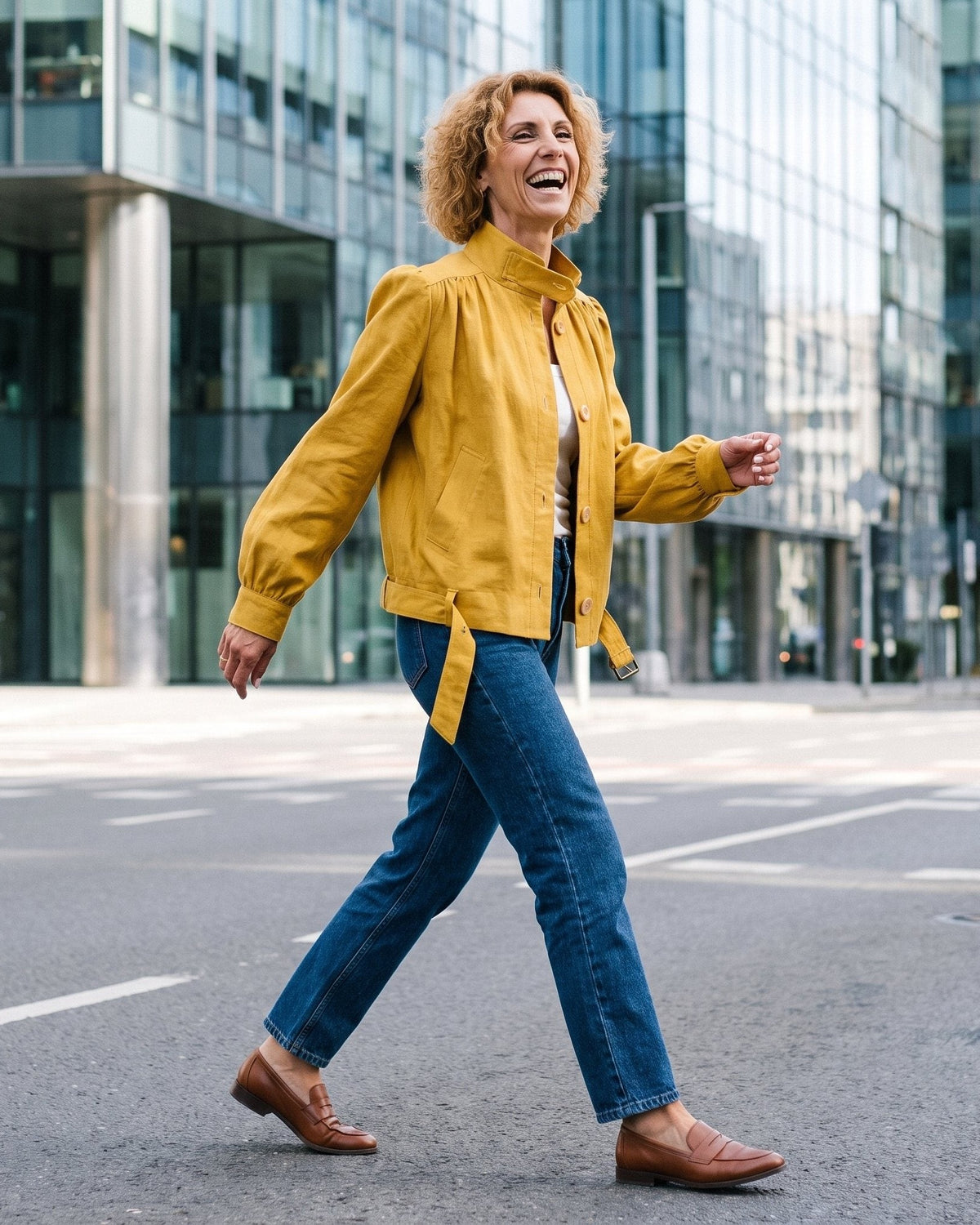 A woman walking across a city street wearing a mustard yellow jacket, blue jeans, and brown leather loafers, with modern glass buildings in the background. #Color_Ochre