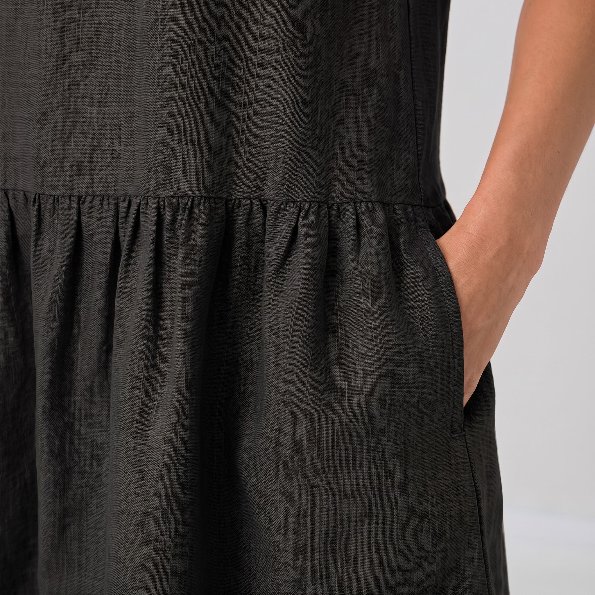 Close-up of a dark charcoal gray textured linen dress with a gathered waist and side pocket, worn by a model.