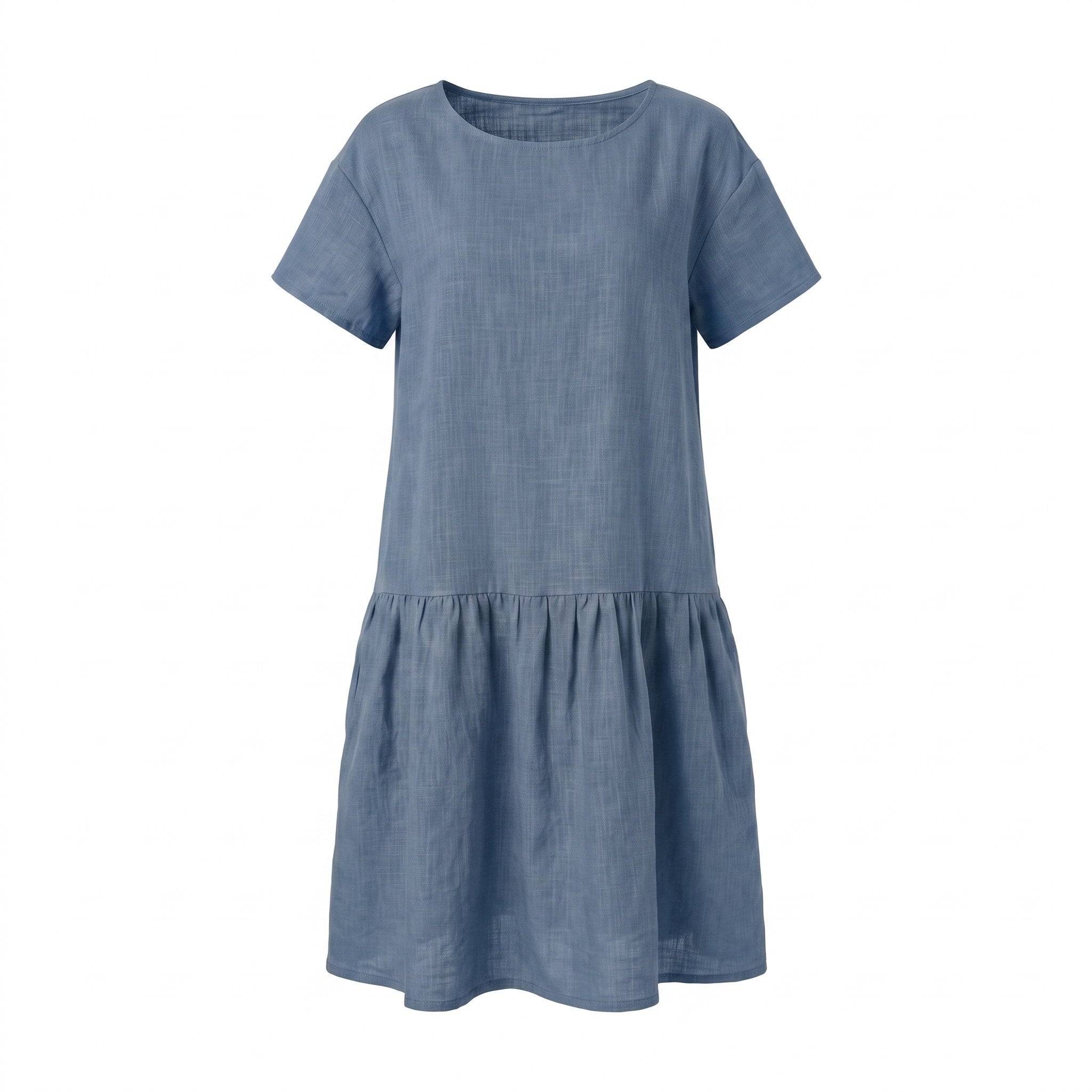 A short-sleeve, tiered linen dress in a dusty blue color, shown against a plain white background.