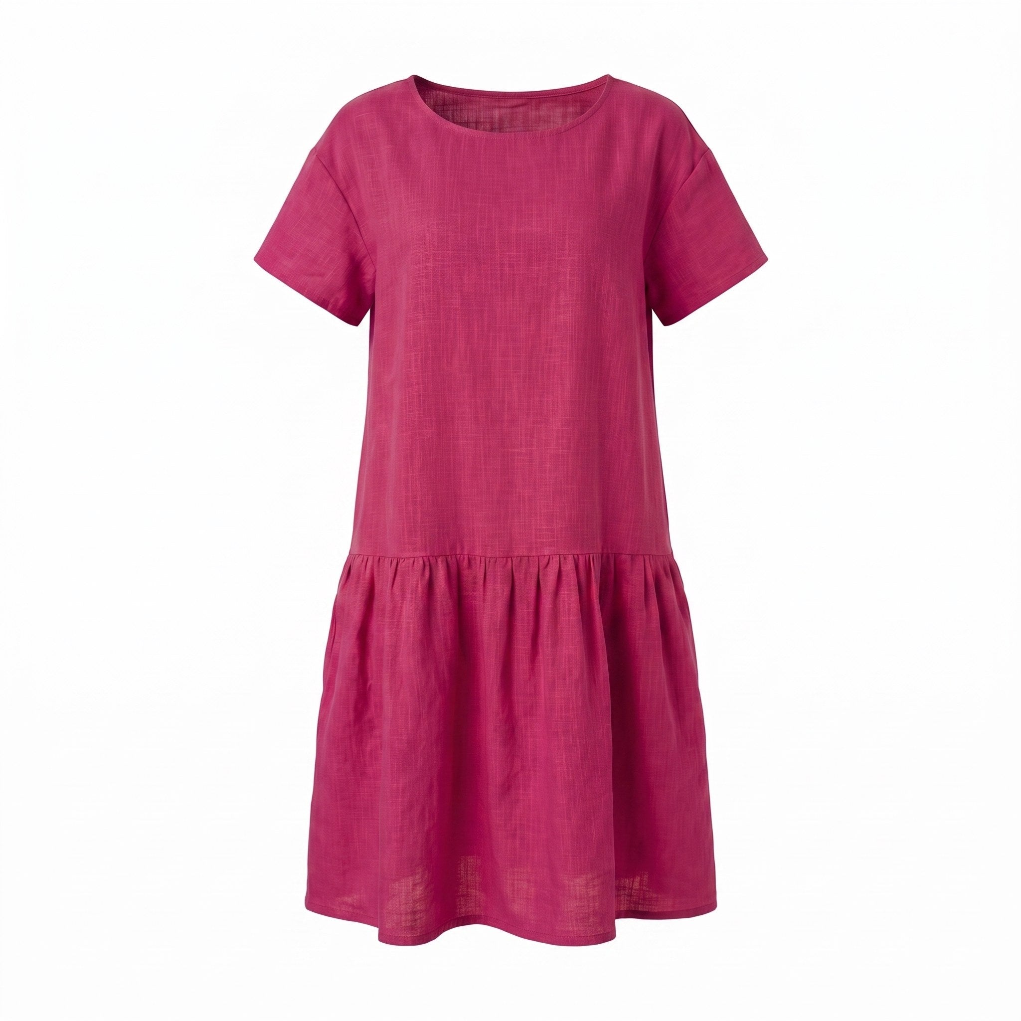 A short-sleeve, tiered linen dress in a vibrant magenta pink, shown against a plain white background.