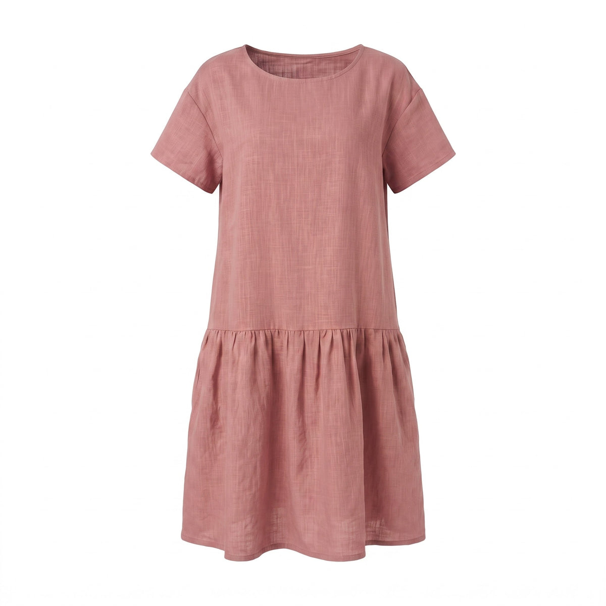 A dusty rose pink short-sleeve linen dress with a tiered waist, shown against a plain white background.