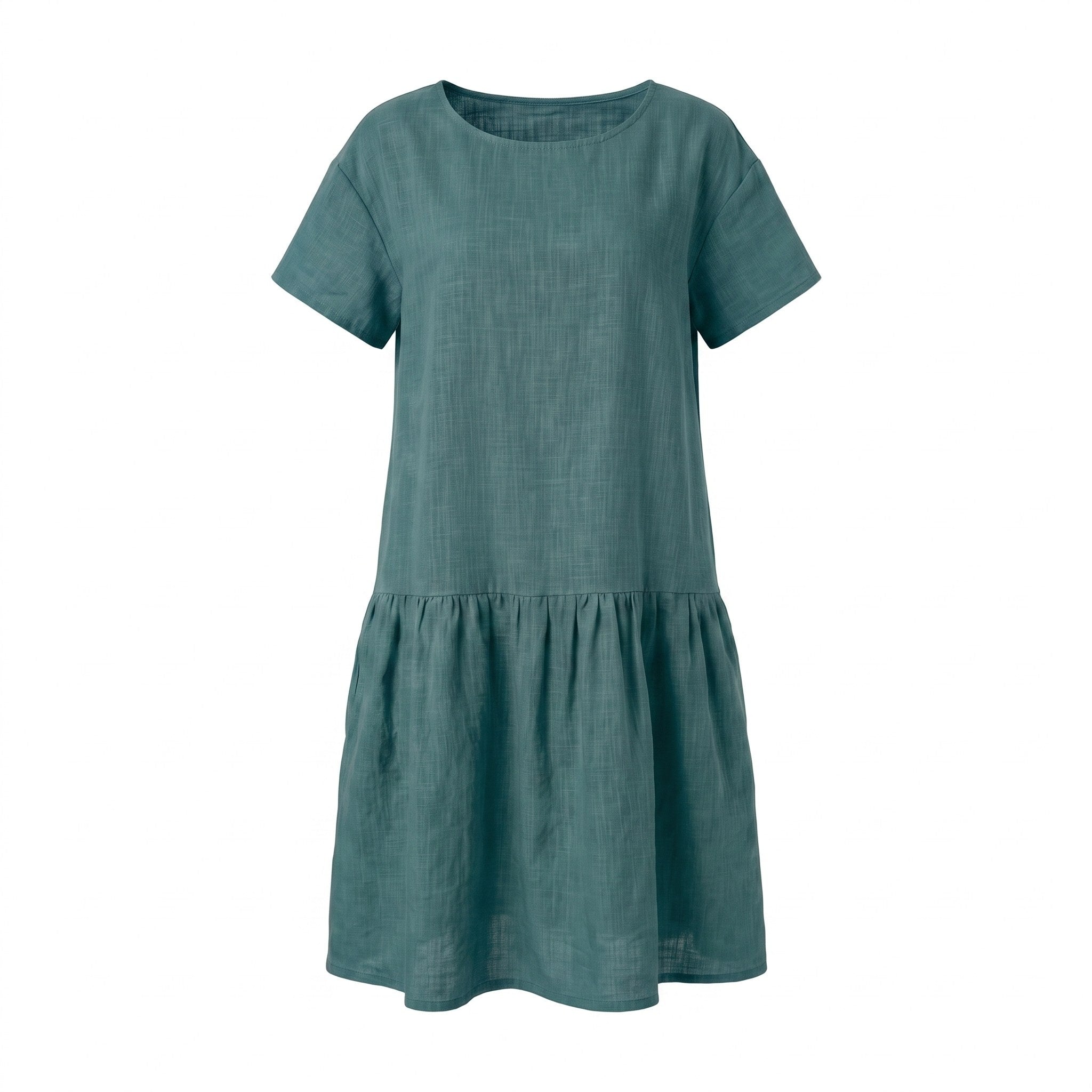 A short-sleeve, crew-neck dress in a textured teal linen-like fabric, featuring a gathered waist and a flared skirt, shown against a plain white background.