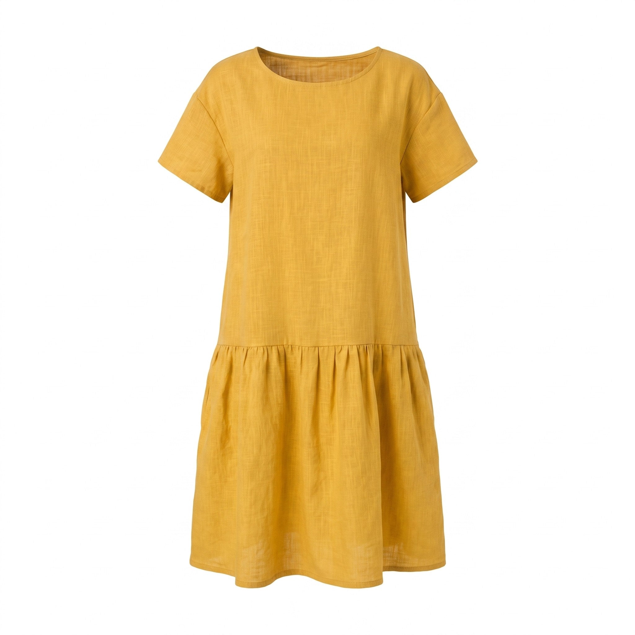 A short-sleeve, crew-neck dress in a textured mustard yellow fabric, featuring a gathered waist seam and a flared skirt, shown against a plain white background.