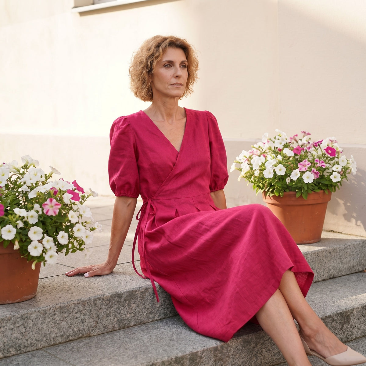 A woman wearing a vibrant magenta wrap dress with puff sleeves sits on stone steps outdoors, flanked by potted flowers.