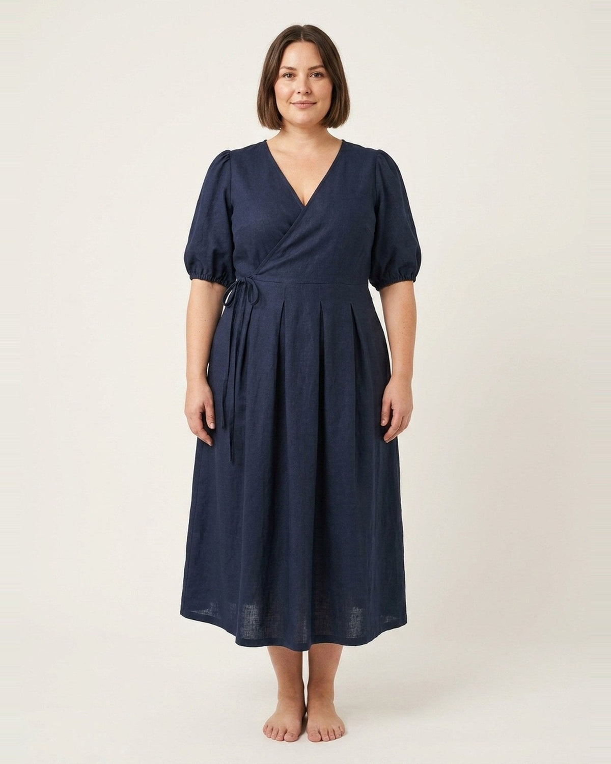 BONNIE – Linen Blend Puff Sleeve Tie-Waist Midi Dress – Deep blue suknelė, front view, full length in studio #Color_Deep blue