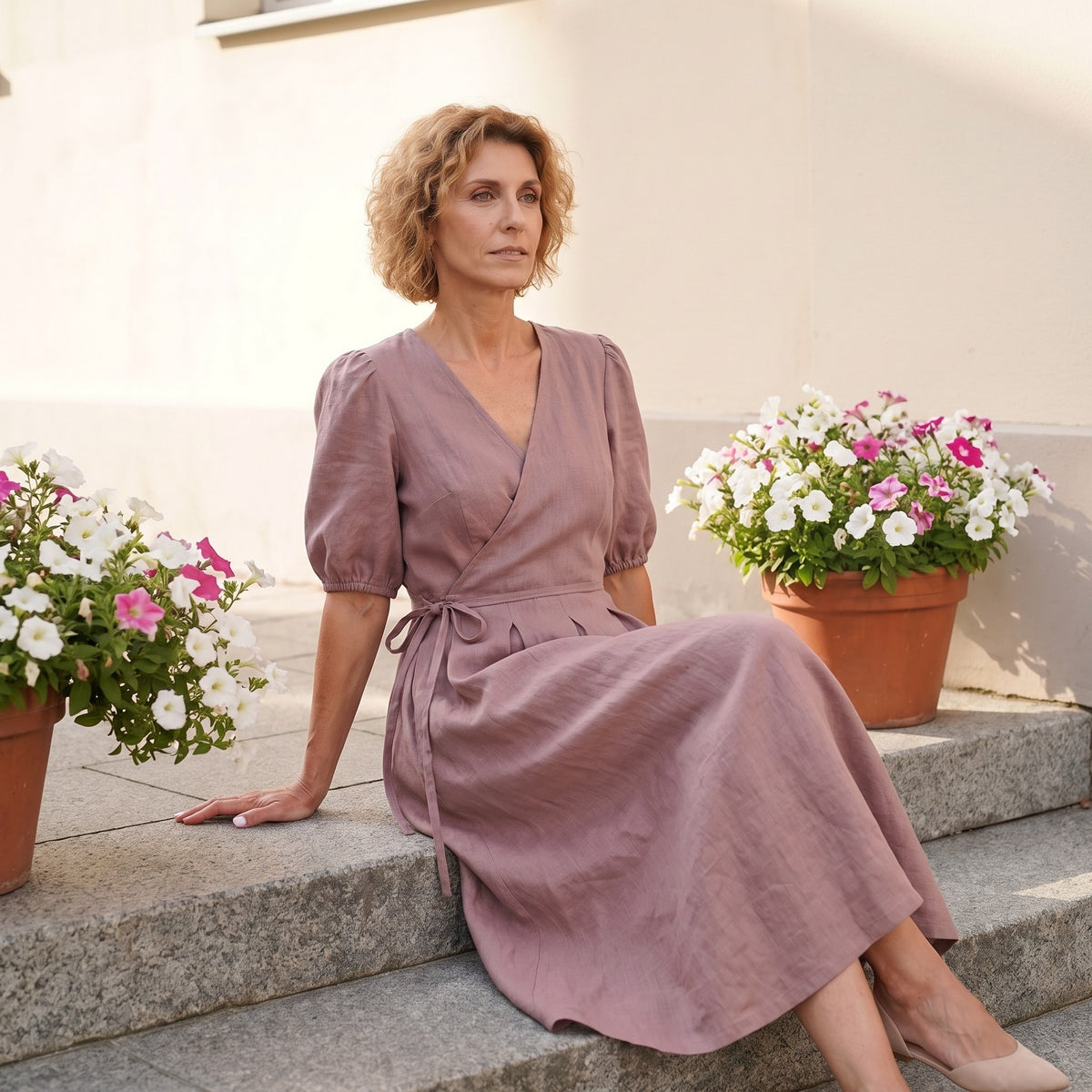 A woman wearing a dusty mauve wrap midi dress with puff sleeves sits on stone steps outdoors, flanked by potted pink and white flowers.