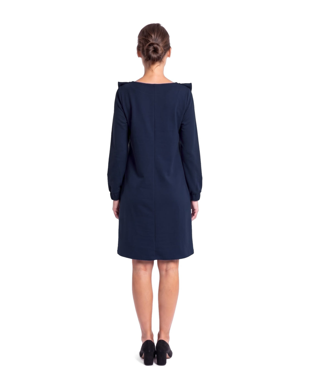 BUTTERFLY – Italian Punto Milano Ruffle A-Line Dress – deep blue dress, back view: centre back seam and long sleeves with elastic cuffs, full length on a white background #Color_Deep blue