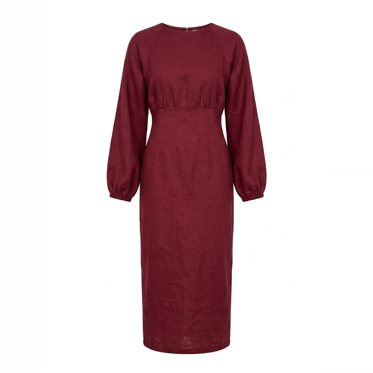 A long-sleeved midi dress in a deep burgundy color, featuring a gathered waist and a simple round neckline, shown against a plain white background.