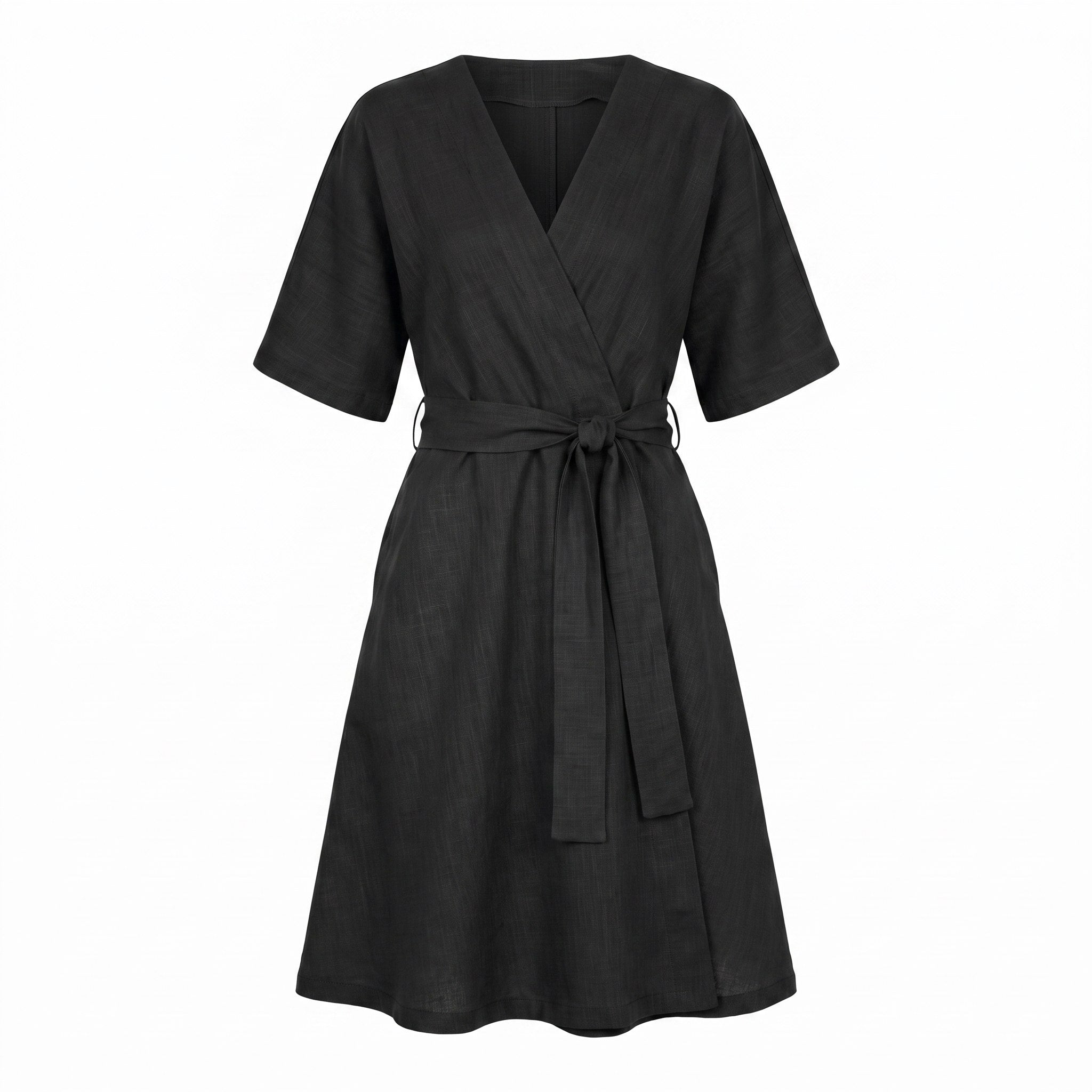 A black short-sleeve wrap dress with a tie waist belt, shown against a plain white background.
