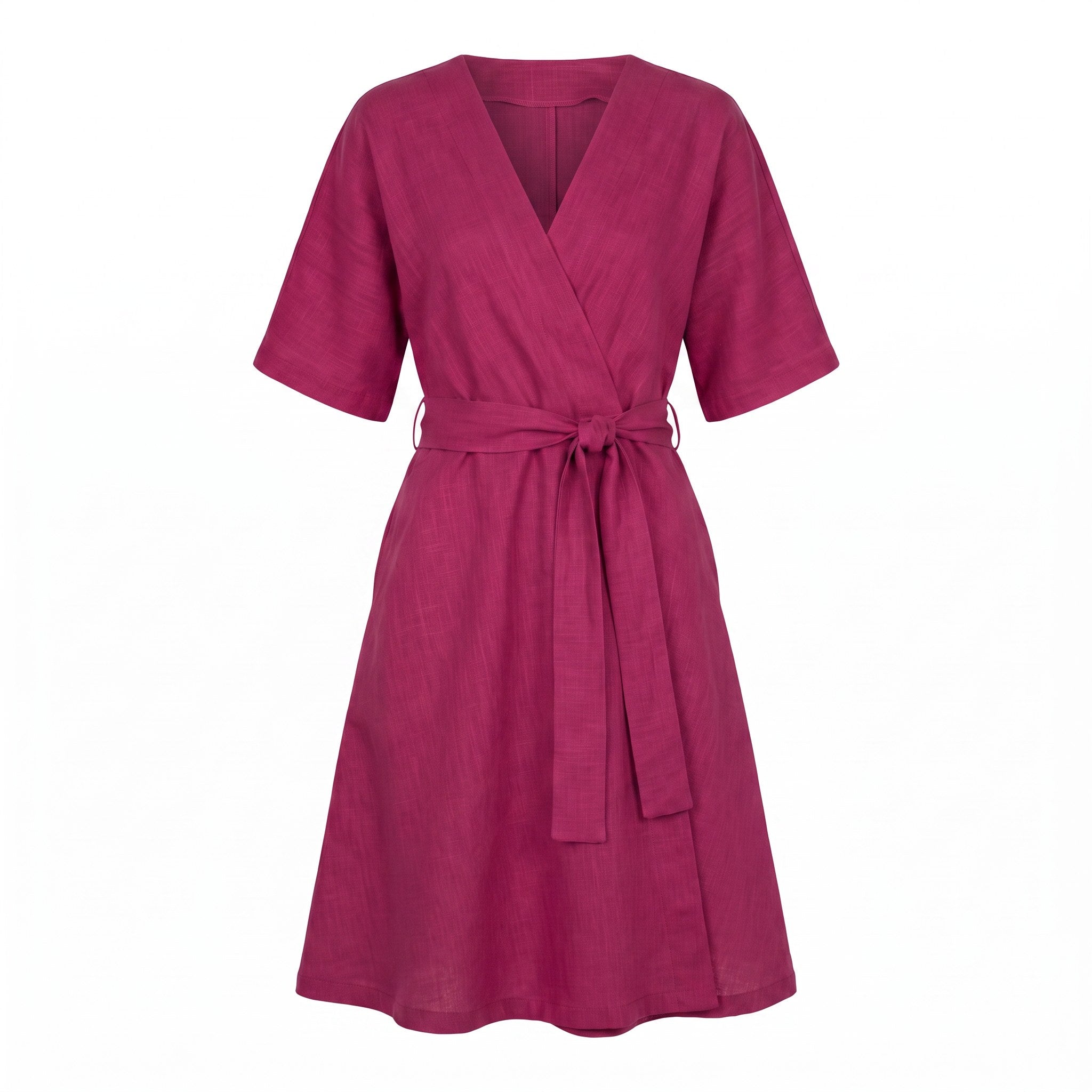 A magenta wrap dress with short sleeves, a V-neckline, and a matching waist tie, shown against a plain white background.