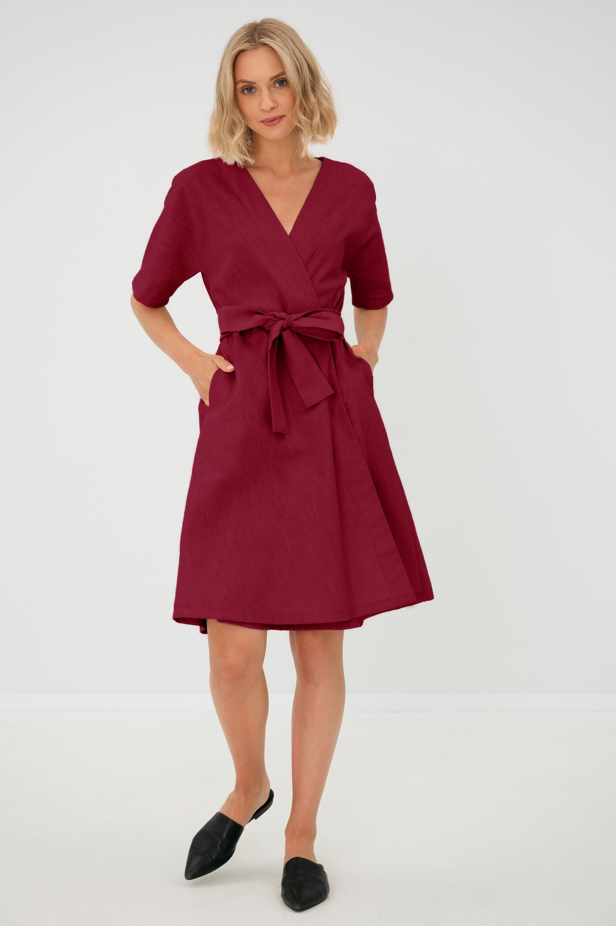 LeMuse CHLOE linen dress in cerise – studio front full length #Color_Cerise