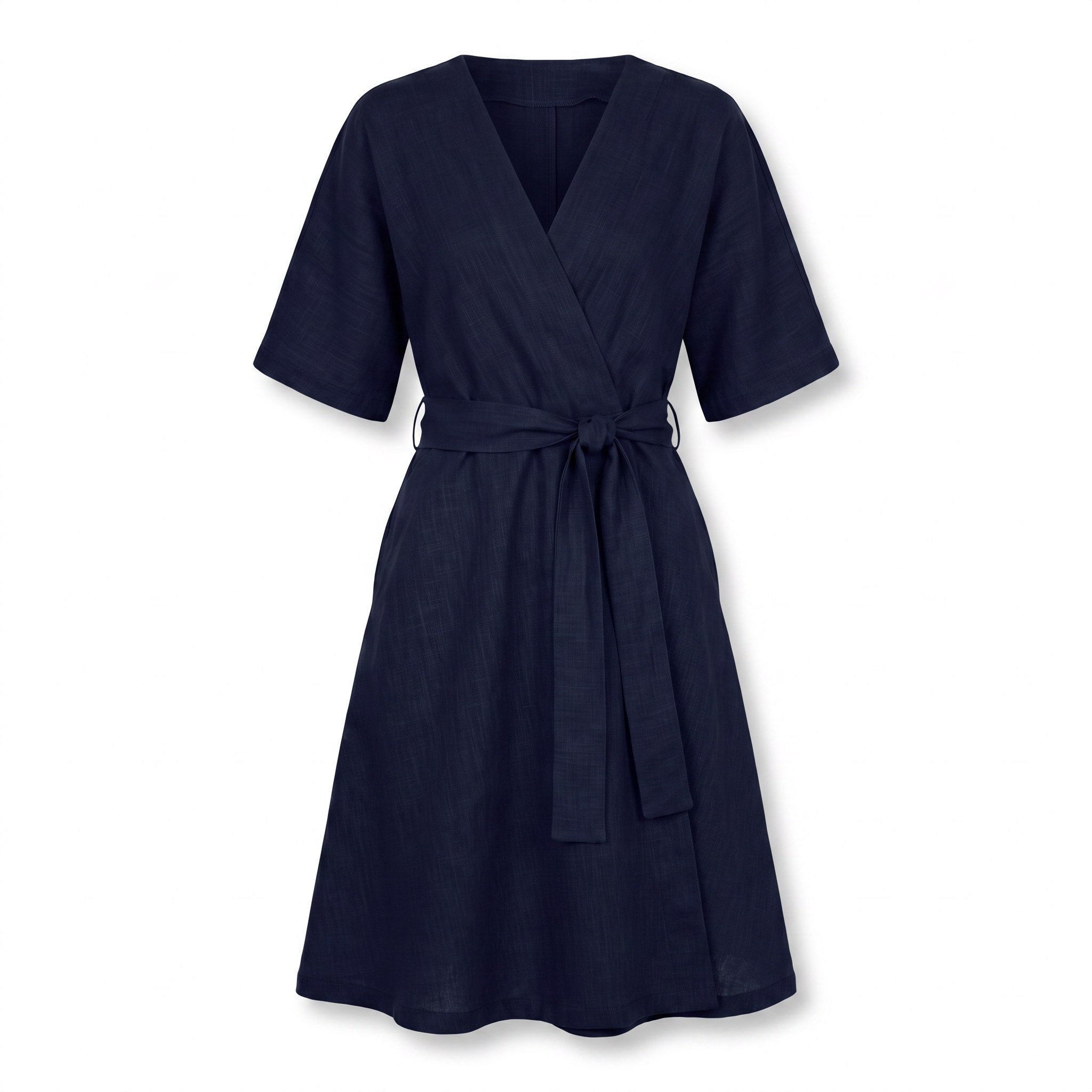A navy blue short-sleeve wrap dress with a matching tie belt, displayed on a clean white background.