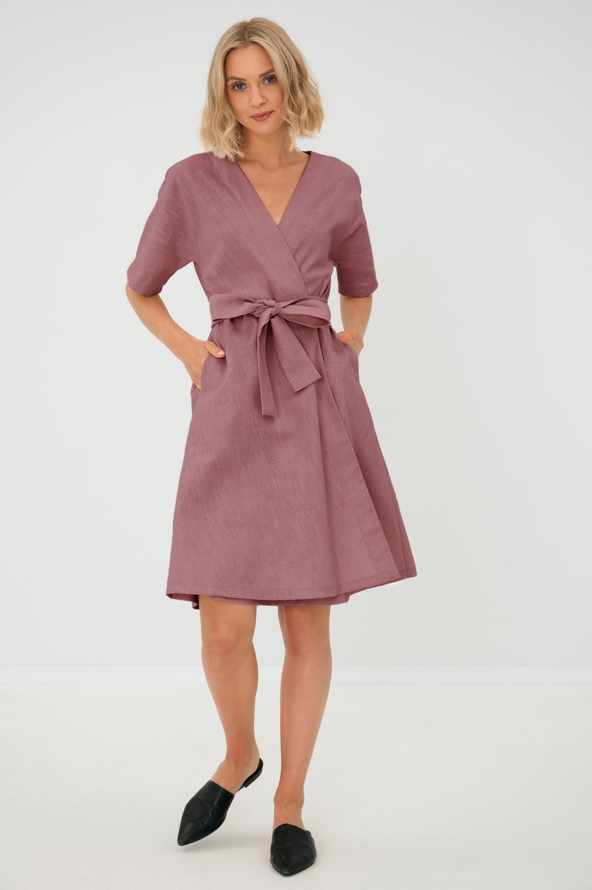 LeMuse CHLOE linen dress in dusty rose – studio front full length #Color_Dusty rose