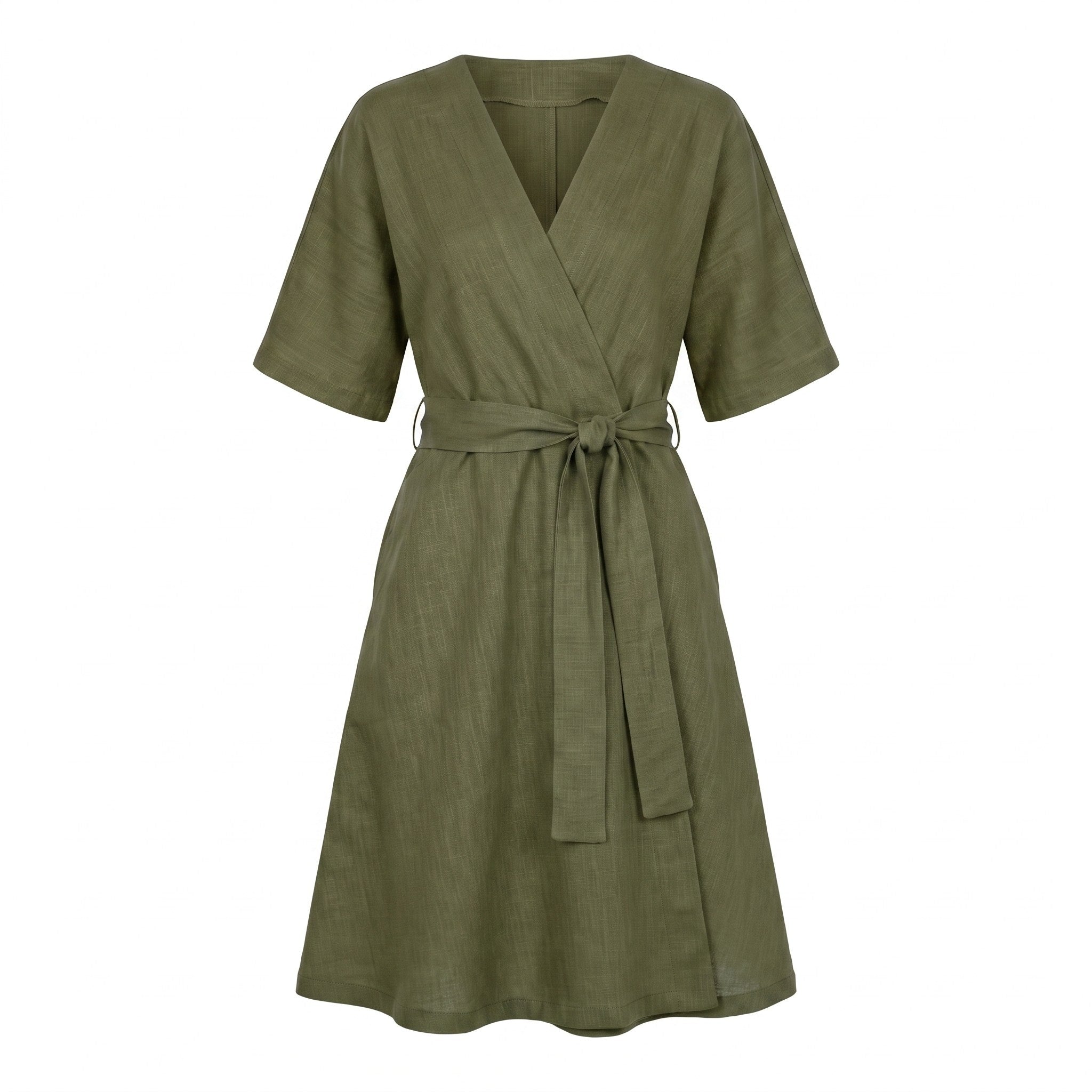 An olive green linen wrap dress with short sleeves, a V-neckline, and a matching waist tie, shown against a plain white background.
