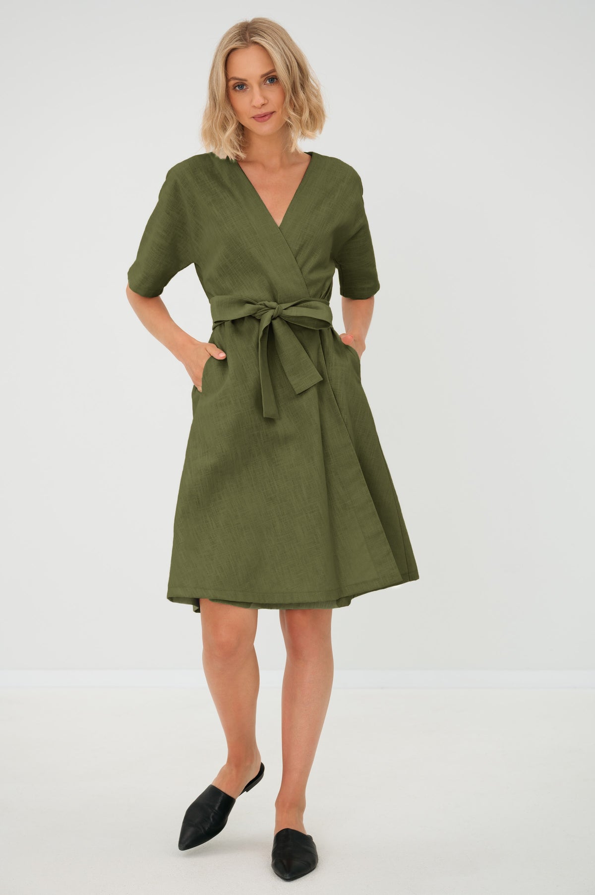 LeMuse CHLOE linen dress in olive green – studio front full length #Color_Olive green