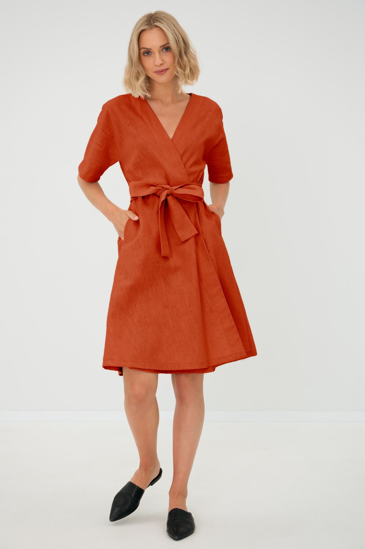 LeMuse CHLOE linen dress in orange – studio front full length #Color_Orange