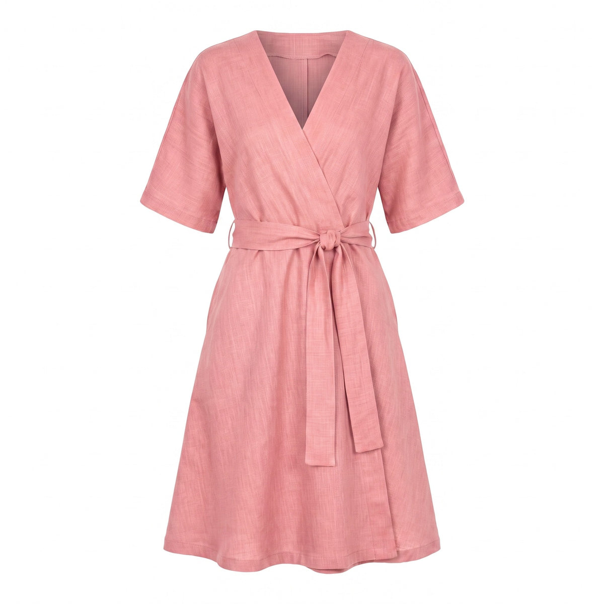 A pink short-sleeve wrap dress with a tie waist belt, shown against a plain white background.