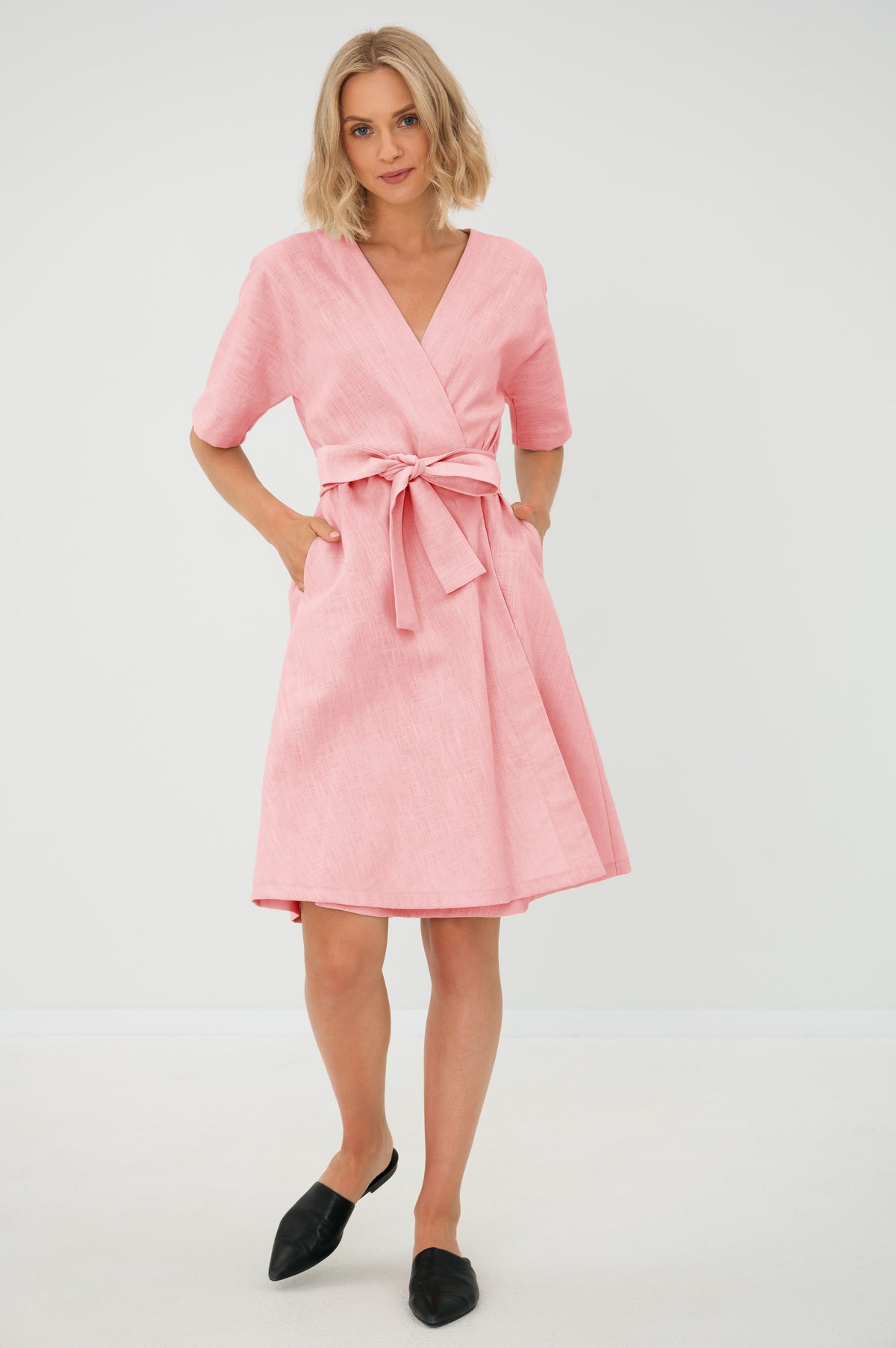 LeMuse CHLOE linen dress in rose – studio front full length #Color_Rose