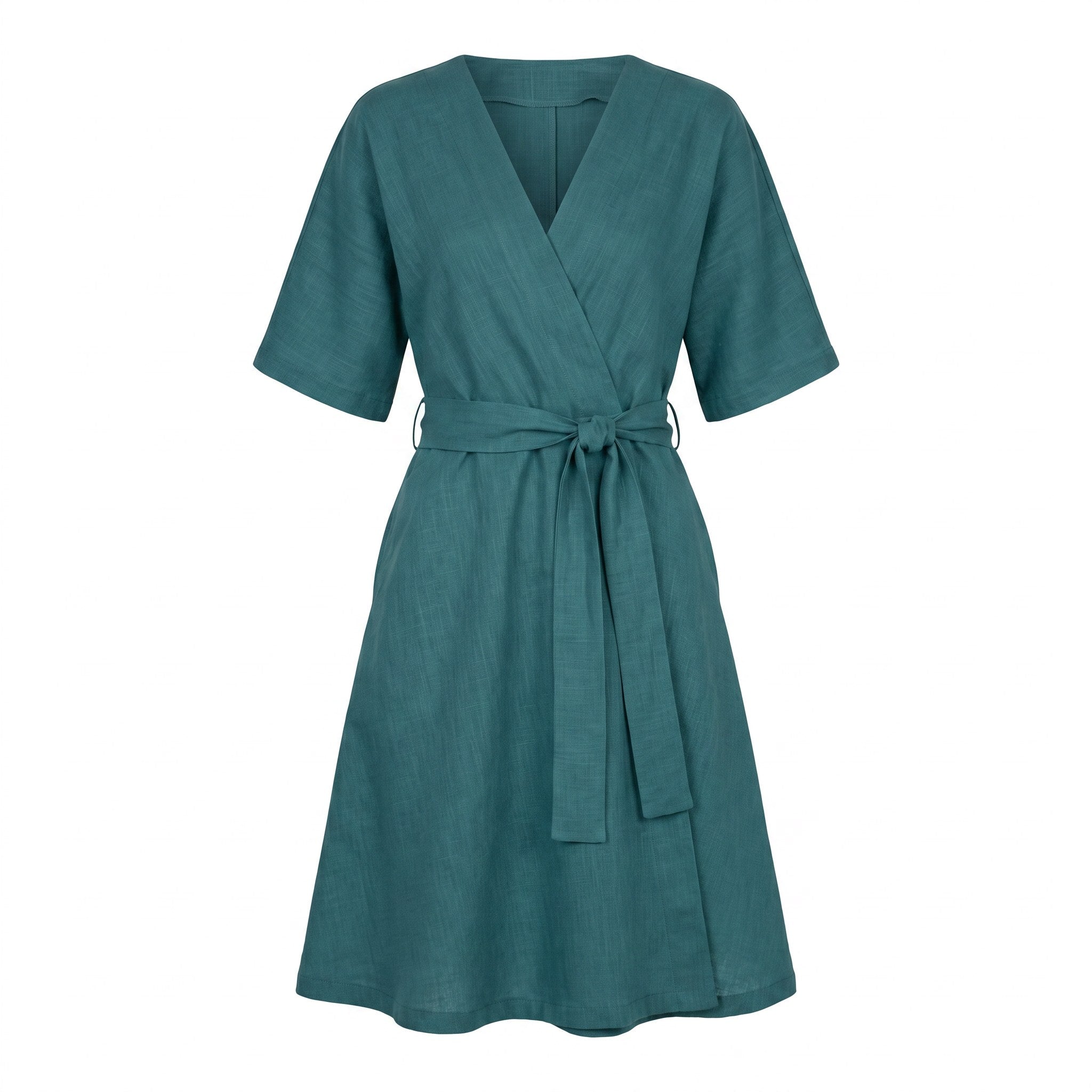A teal green linen wrap dress with short sleeves, a V-neckline, and a matching fabric tie belt at the waist, shown against a plain white background.