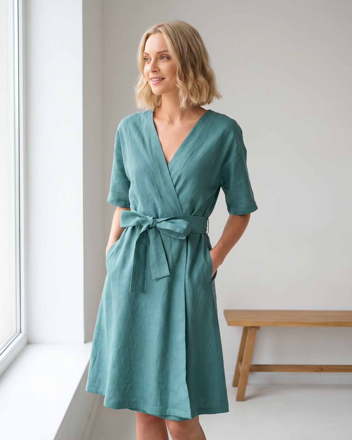 LeMuse CHLOE linen dress in teal – lifestyle #Color_Teal