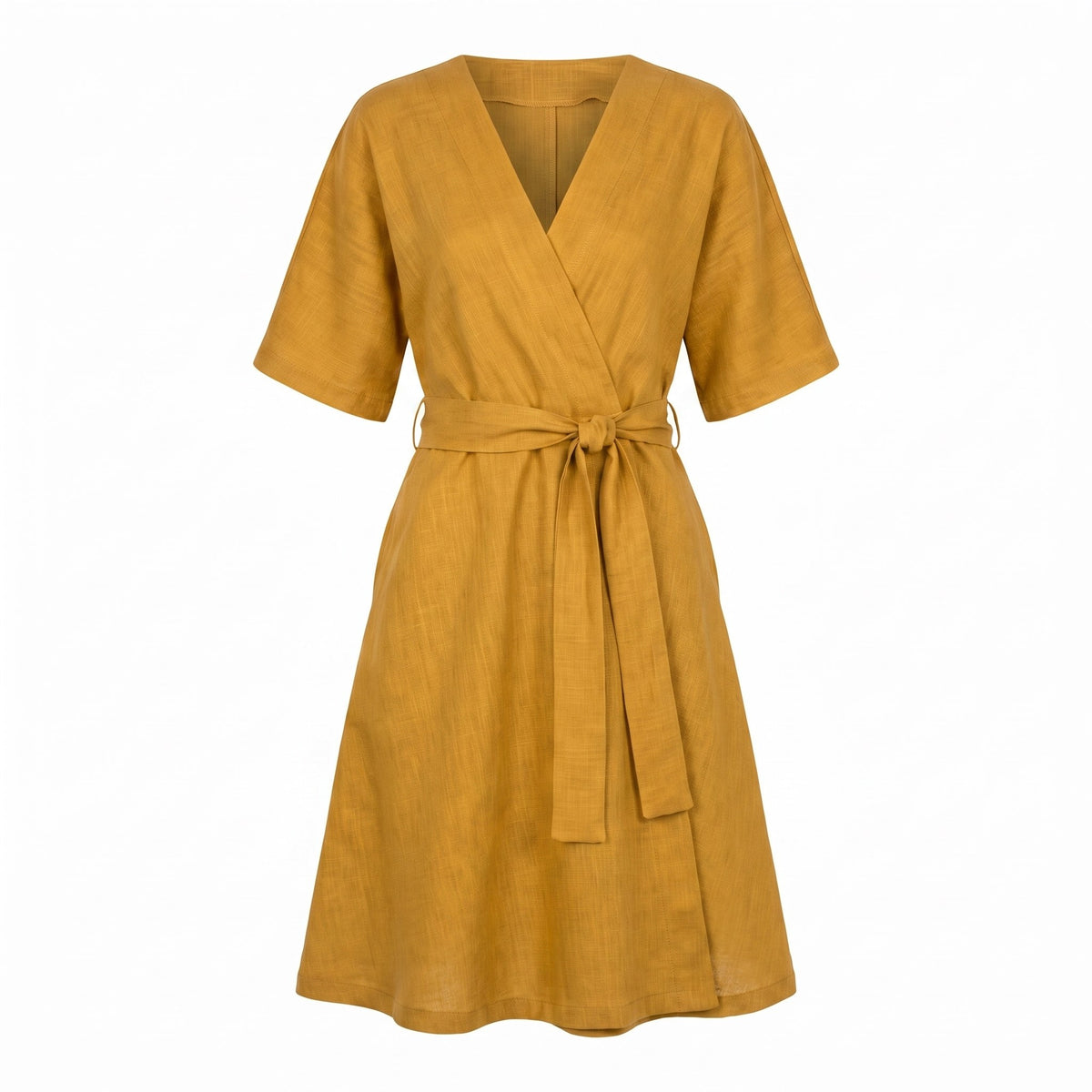 A mustard yellow linen wrap dress with short sleeves, a V-neckline, and a matching waist tie, shown against a plain white background.