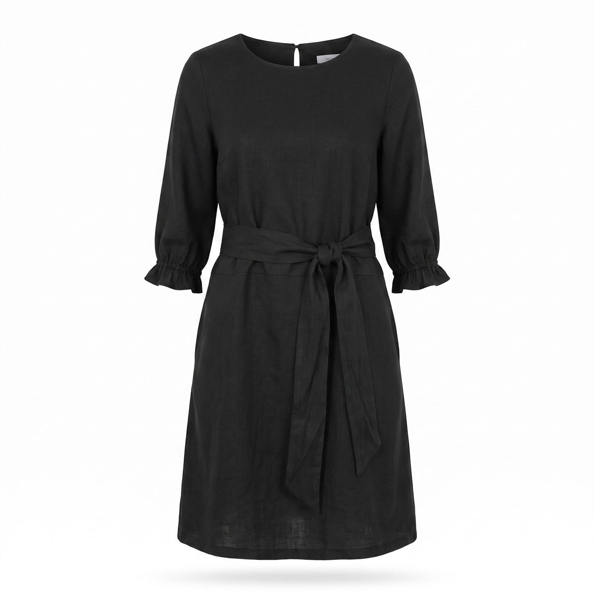 A black linen dress with three-quarter sleeves, ruffled cuffs, and a matching fabric tie belt at the waist, shown against a plain white background.