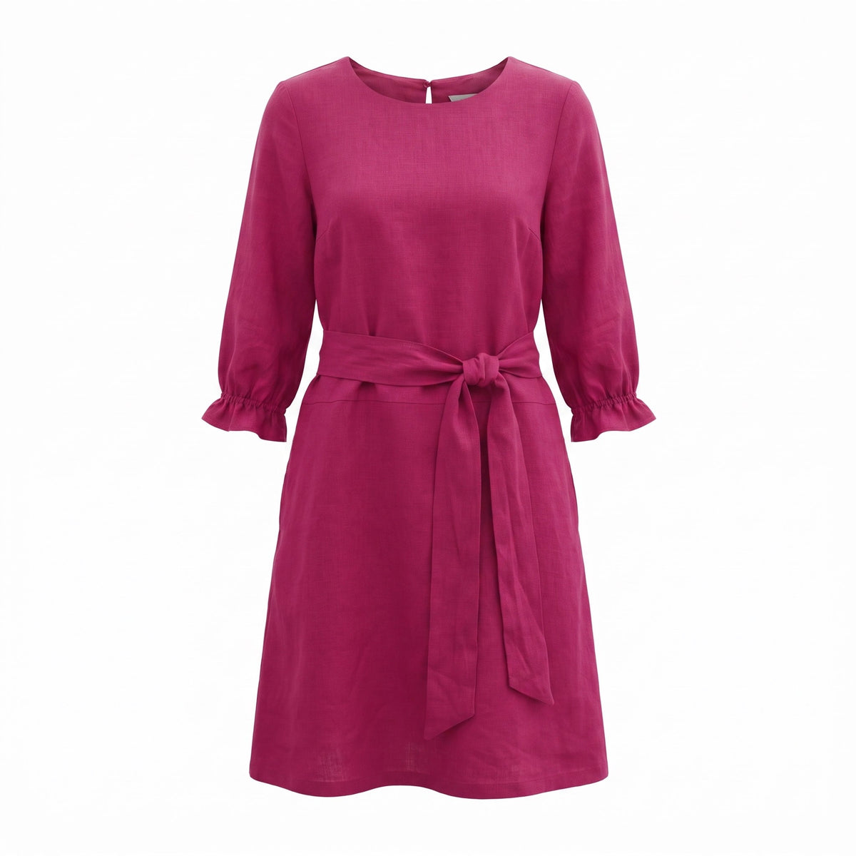A magenta pink linen dress with three-quarter sleeves, ruffled cuffs, a round neckline, and a matching fabric tie belt at the waist, shown against a plain white background.