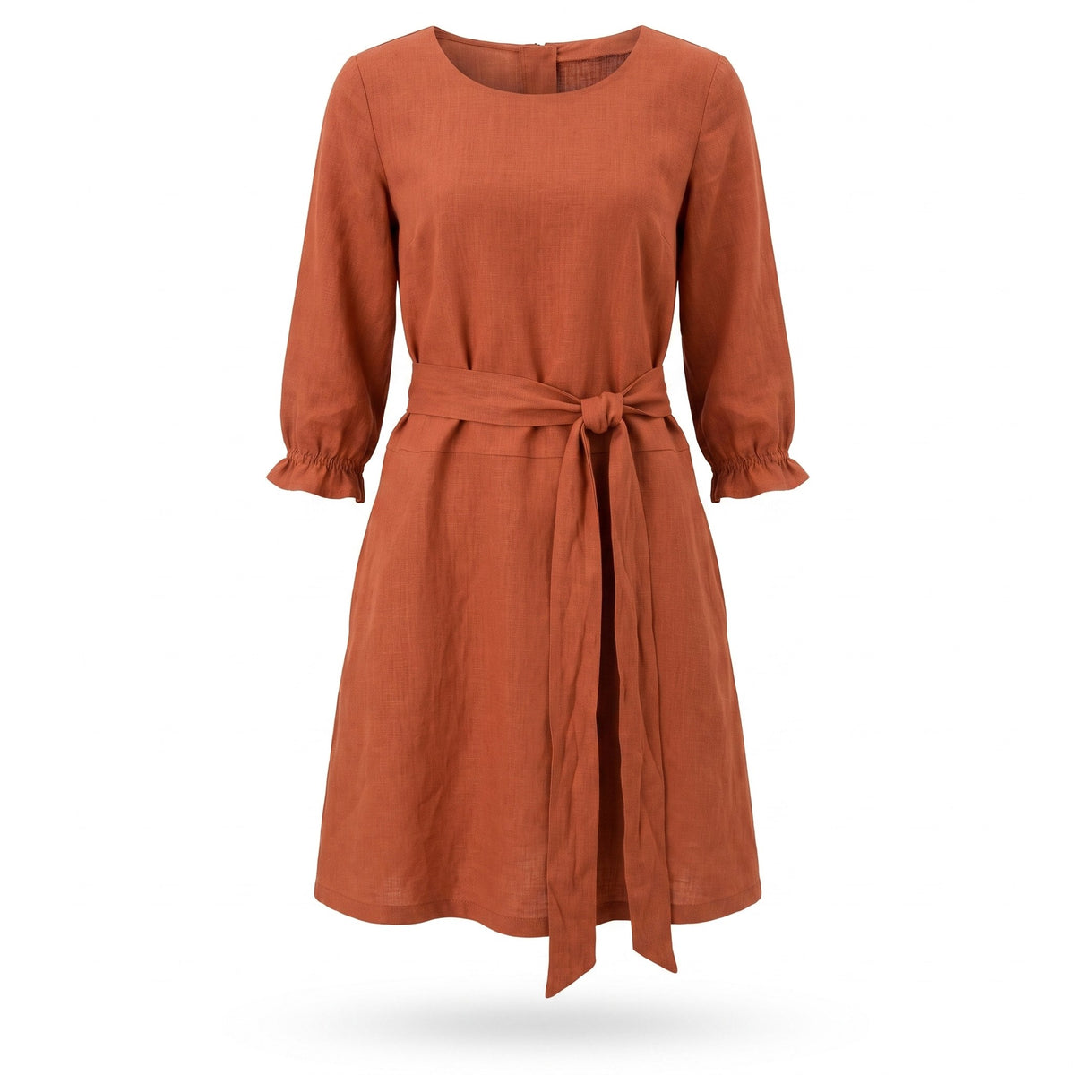 A rust-orange linen dress with three-quarter sleeves, ruffled cuffs, a round neckline, and a matching fabric tie belt at the waist, shown against a plain white background.