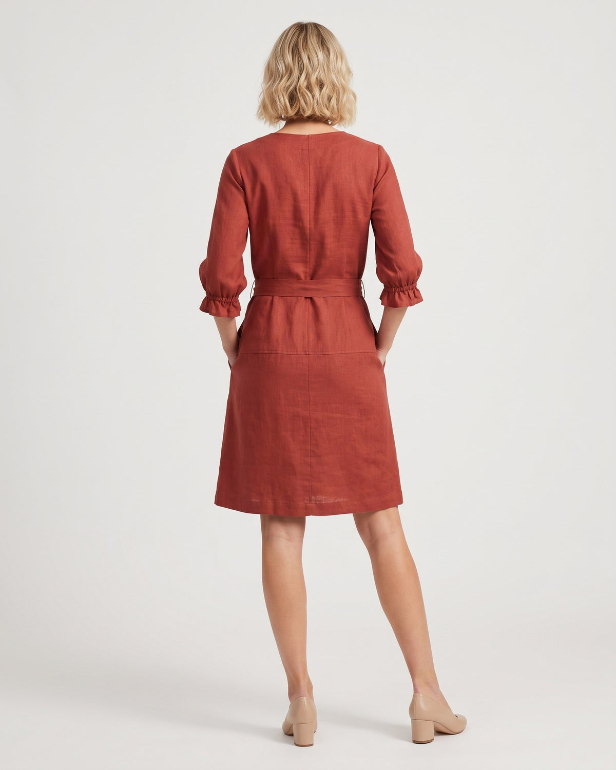 EMMA – Linen Blend Three-Quarter Sleeve Belted Dress – red dress, studio back, full length #Color_Red