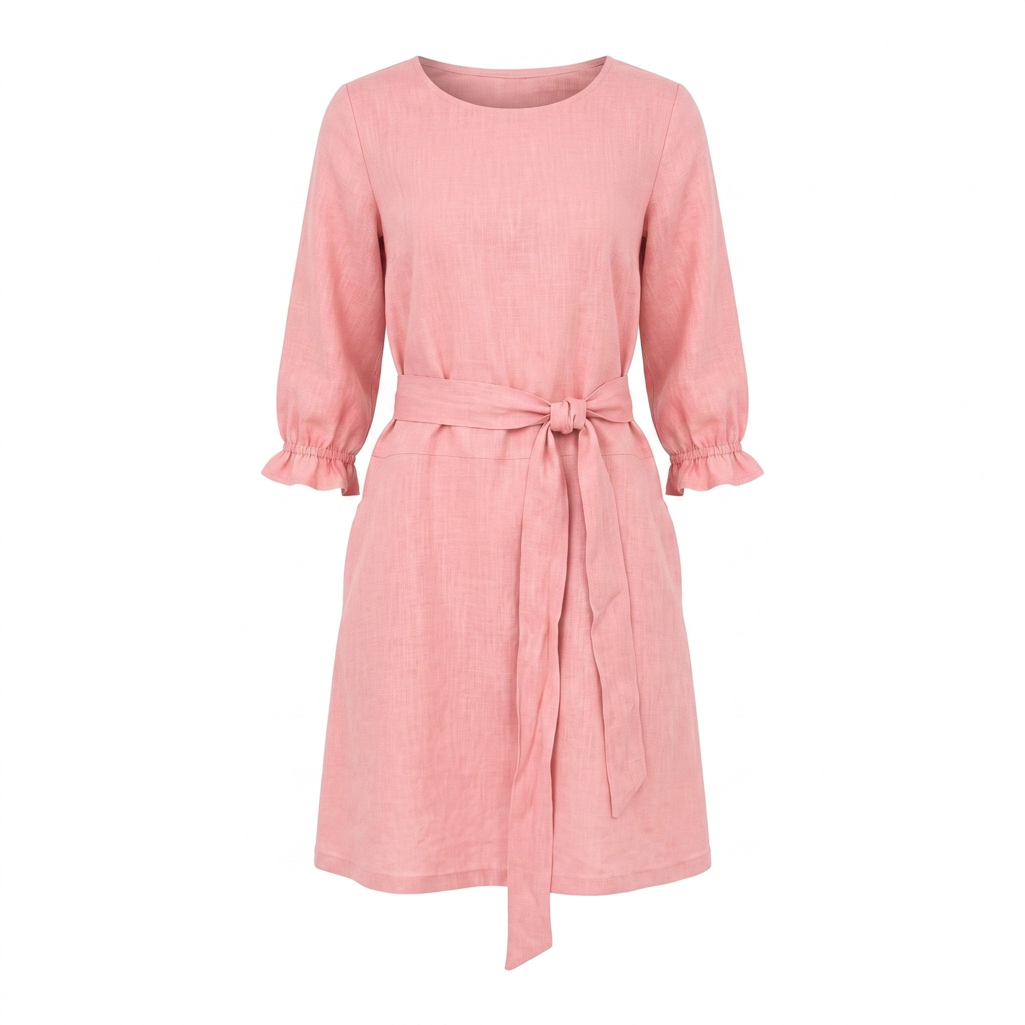 A light pink linen dress with three-quarter sleeves, ruffled cuffs, and a matching fabric tie belt at the waist, shown against a plain white background.